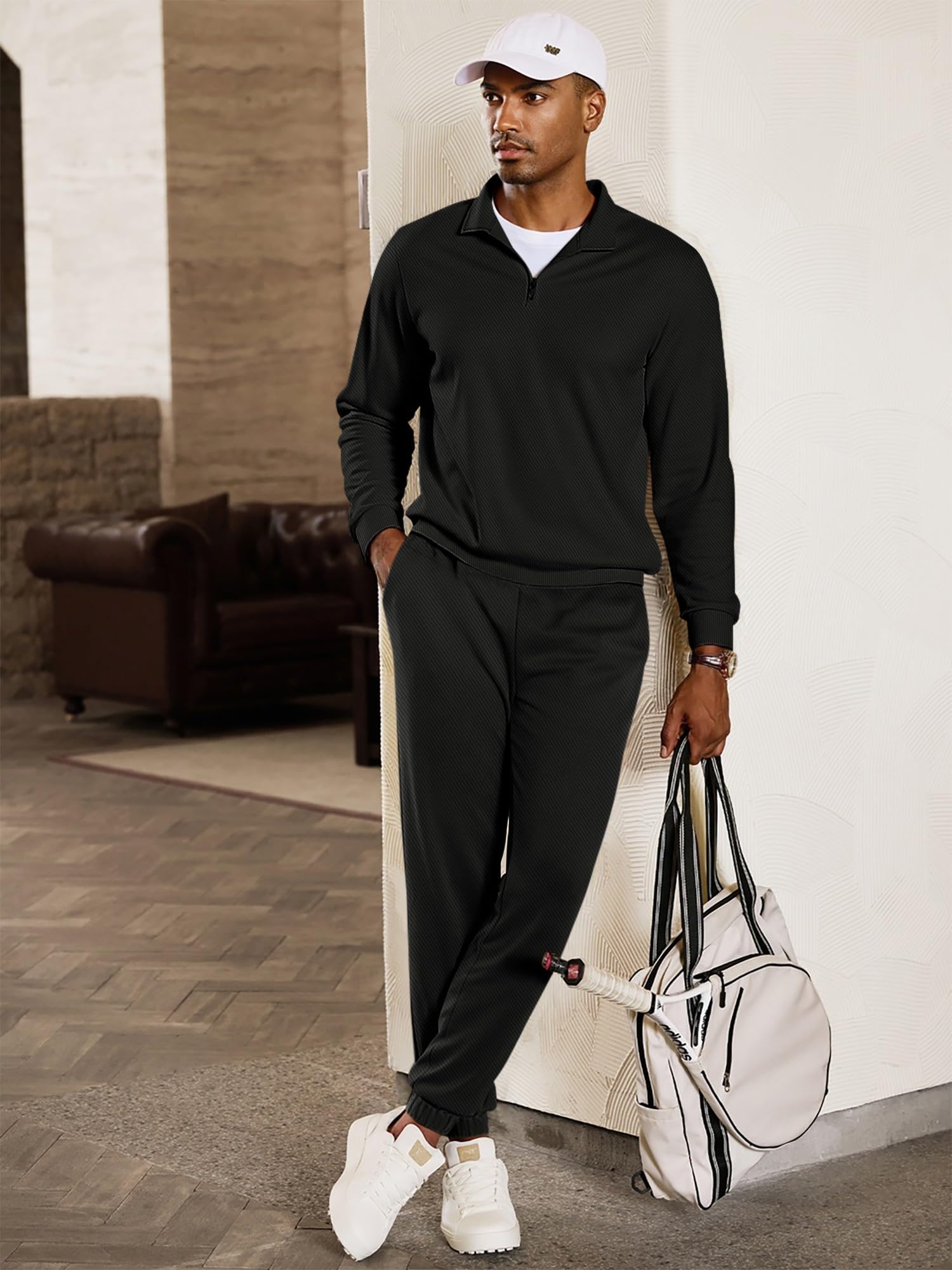 JMIERR 2025 Men Fall Tracksuit 2 Piece Set Old Money Polo Quarter Zip Twill Sweatsuits Jogging Sweatpants Loungewear