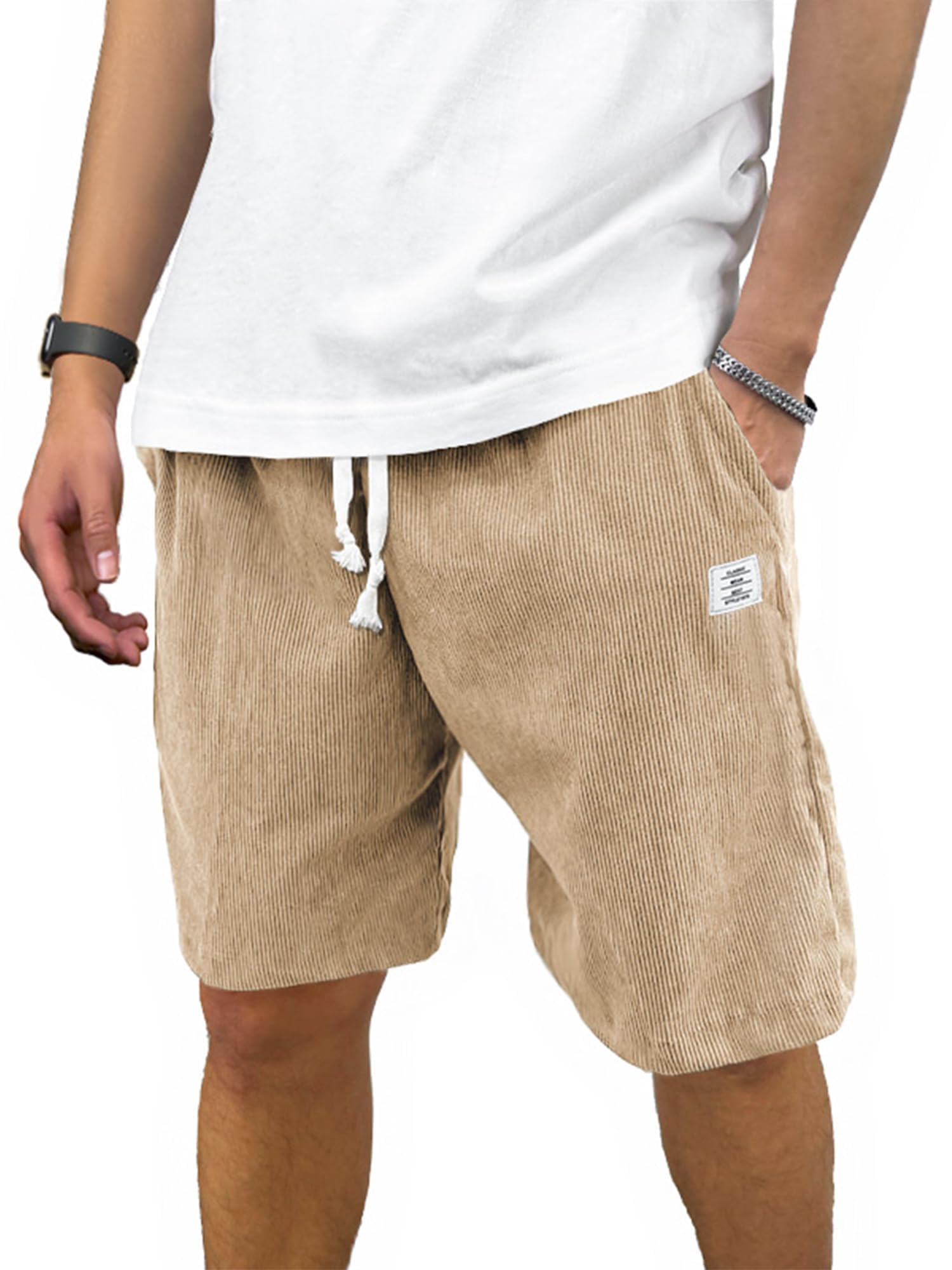 PLEPAN Mens Corduroy Shorts Casual Elastic Waist Drawstring Summer Beach Shorts