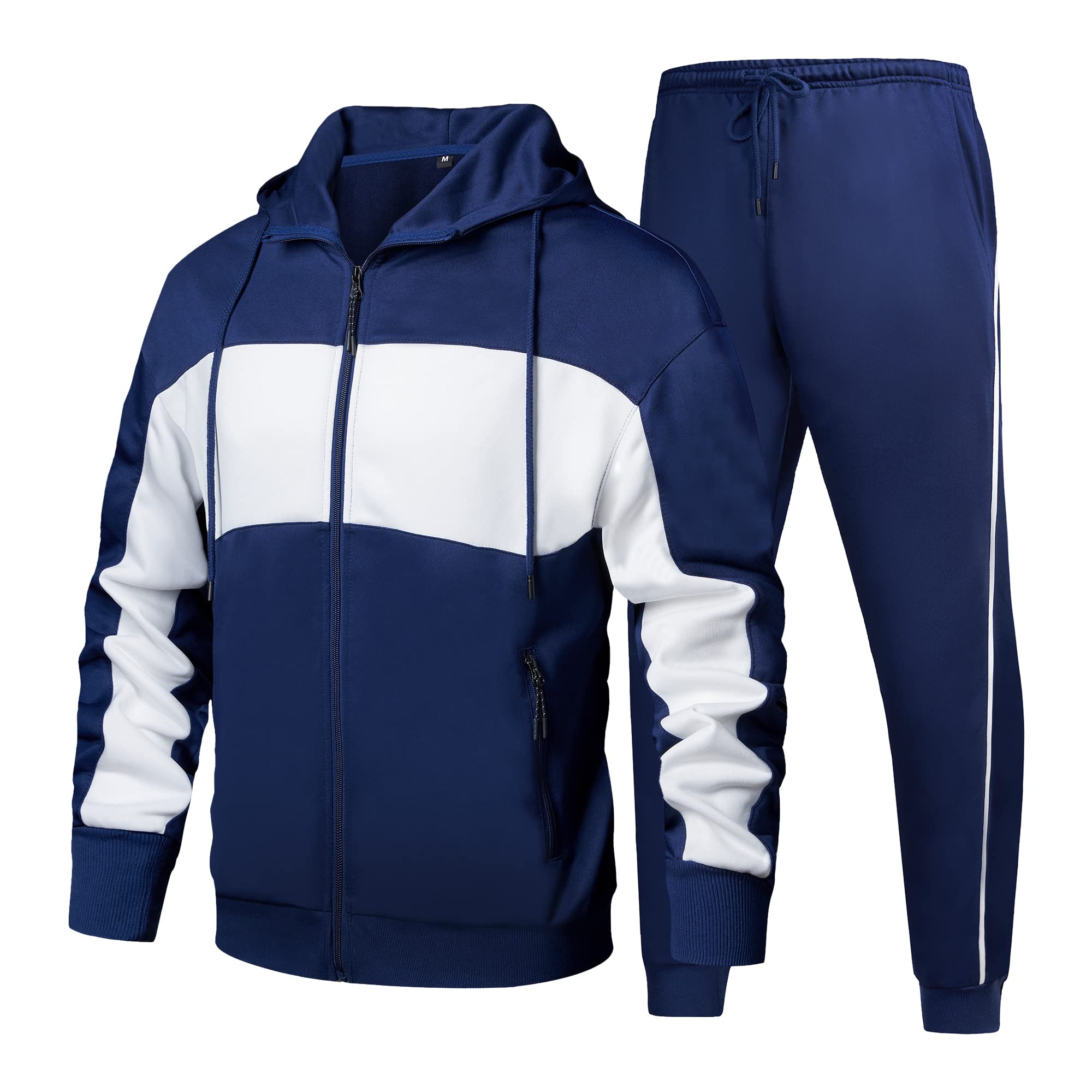 CALUOMATT Men's Hooded Athletic Tracksuit Sweatsuit Long Sleeve Full-Zip Jogging Sweatpants 2 Piece Patchwork Sportsuits