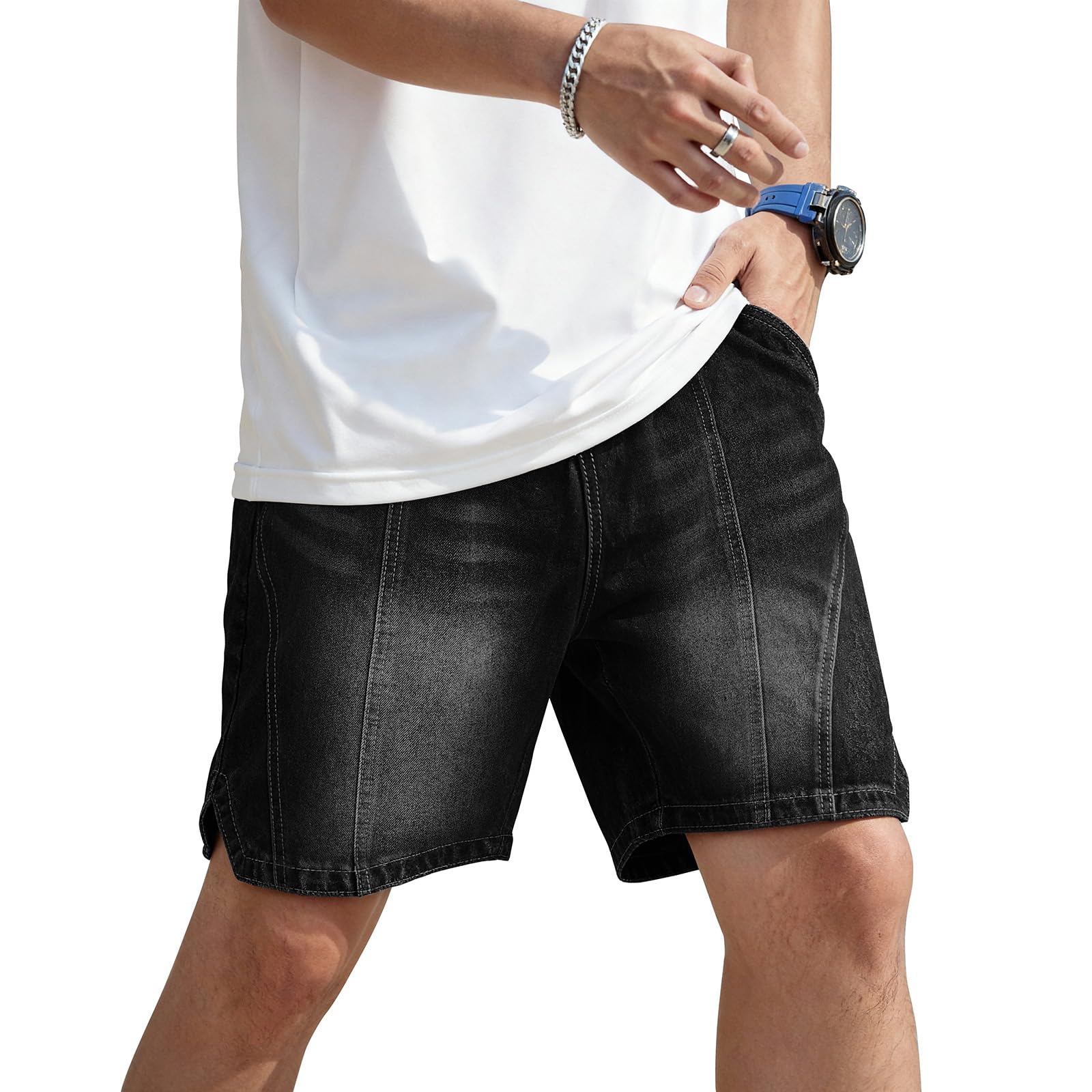 Heyfanee Mens Baggy Jean Shorts Loose Fit Elastic Waist Denim Shorts 7 Inch Inseam