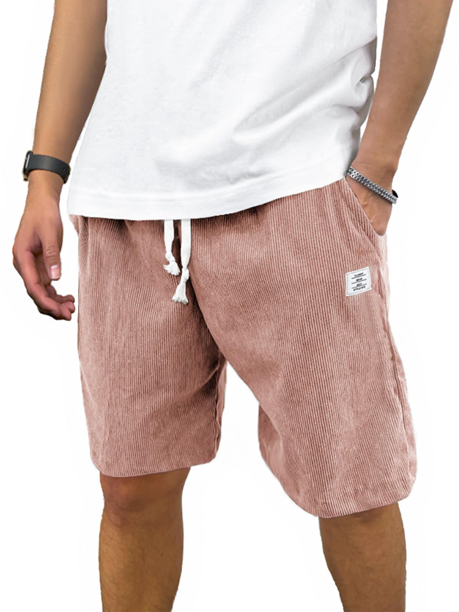PLEPAN Mens Corduroy Shorts Casual Elastic Waist Drawstring Summer Beach Shorts