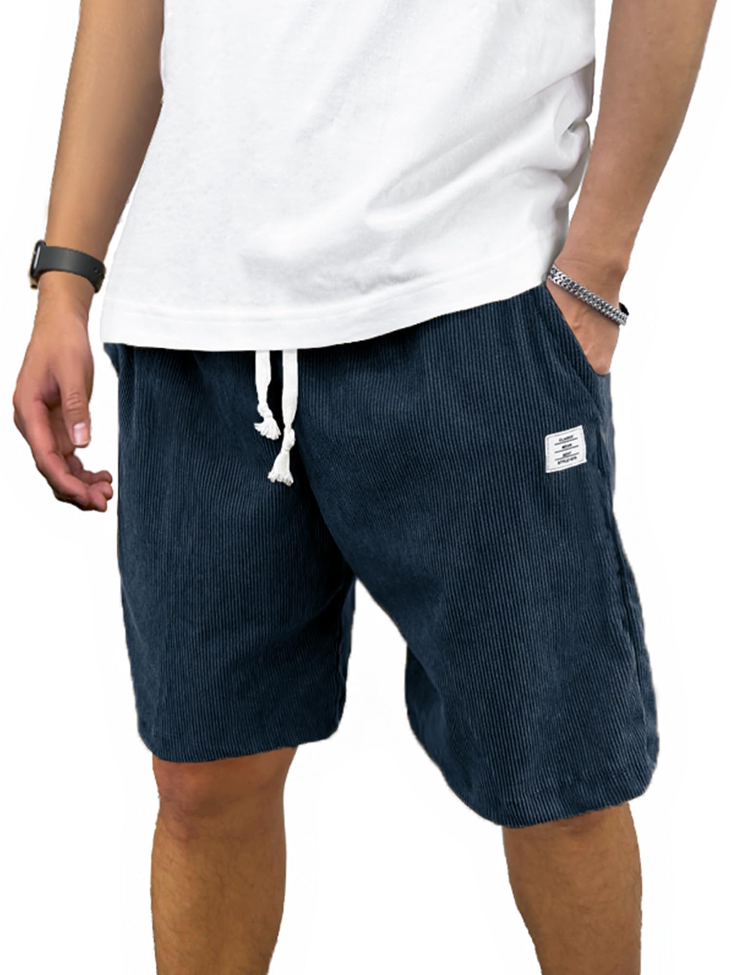 PLEPAN Mens Corduroy Shorts Casual Elastic Waist Drawstring Summer Beach Shorts