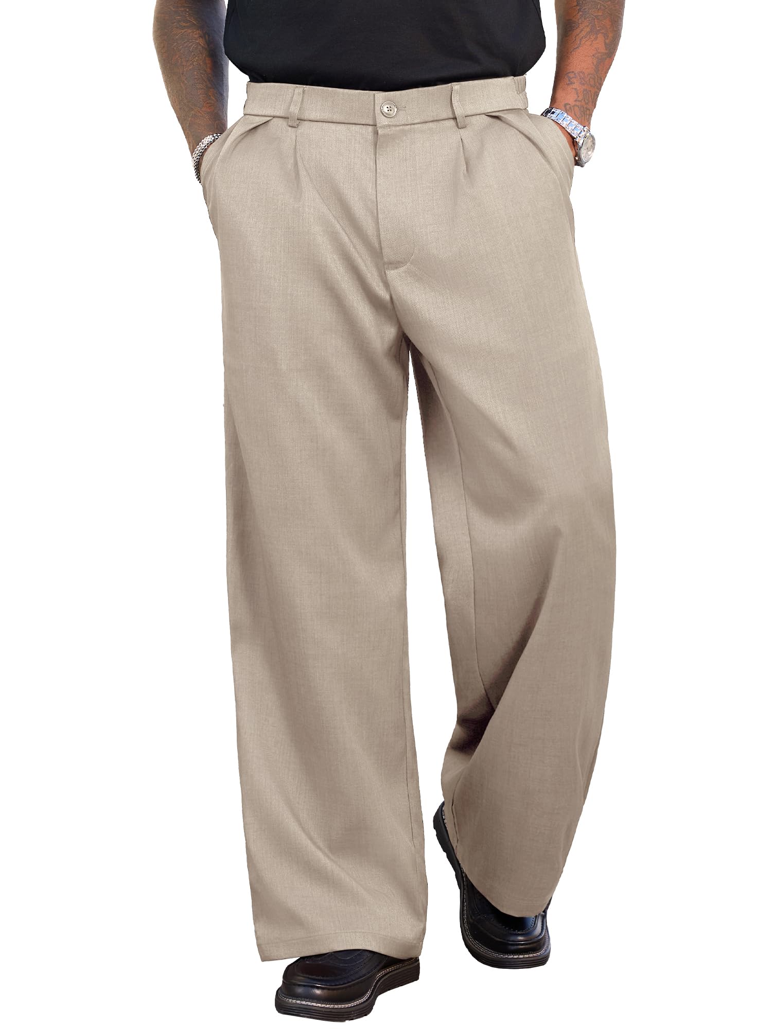PLEPAN Men's Wide Leg Dress Pants Baggy Pleated Casual Trousers Relaxed Fit Elastic Waist Business Slacks