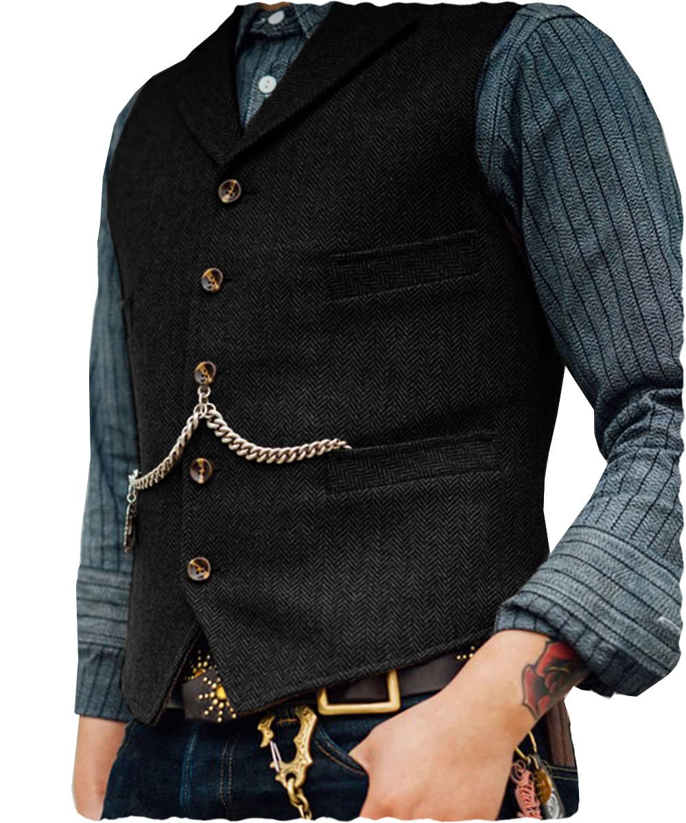 Ceehuteey Mens Suit Vest Waistcoat Tweed Retro V Neck Wool Herringbone for Prom