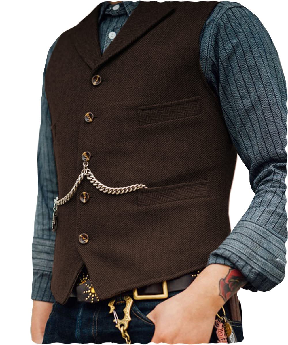 Ceehuteey Mens Suit Vest Waistcoat Tweed Retro V Neck Wool Herringbone for Prom
