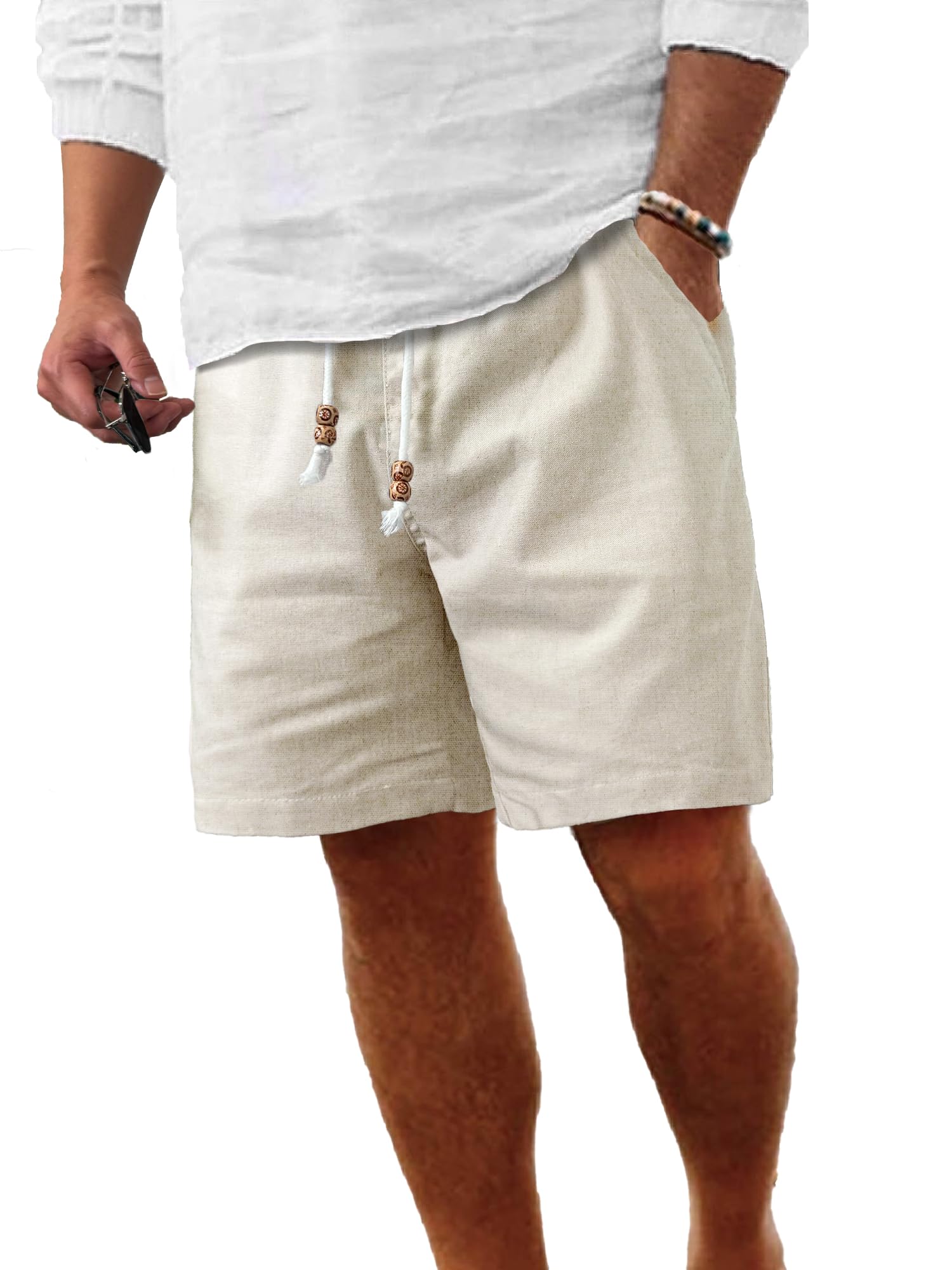 Comdecevis Men's Linen Shorts Casual Elastic Waist Drawstring Summer Beach Vacation Yoga Golf Shorts with Pockets