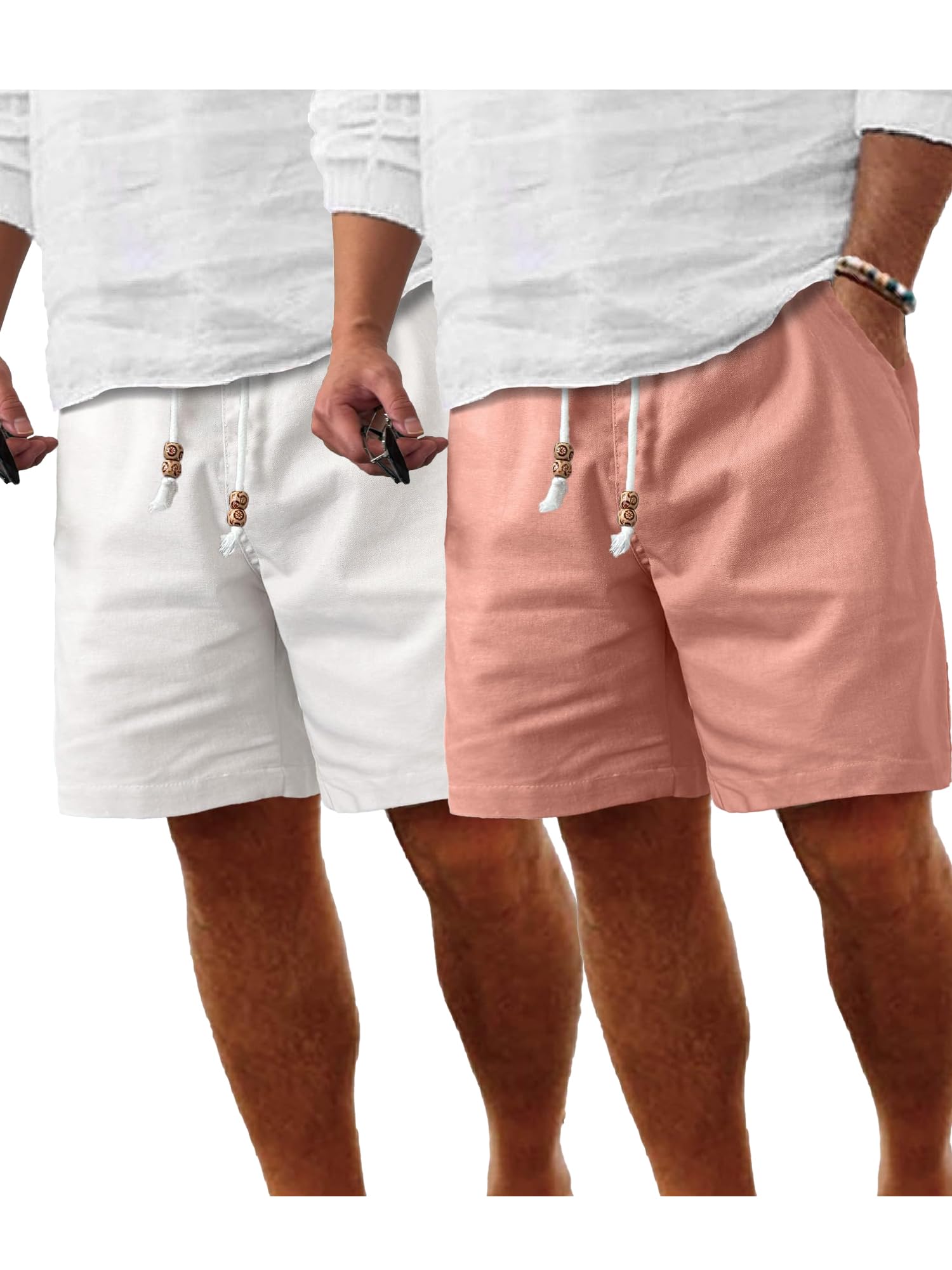 Comdecevis Men's Linen Shorts Casual Elastic Waist Drawstring Summer Beach Vacation Yoga Golf Shorts with Pockets
