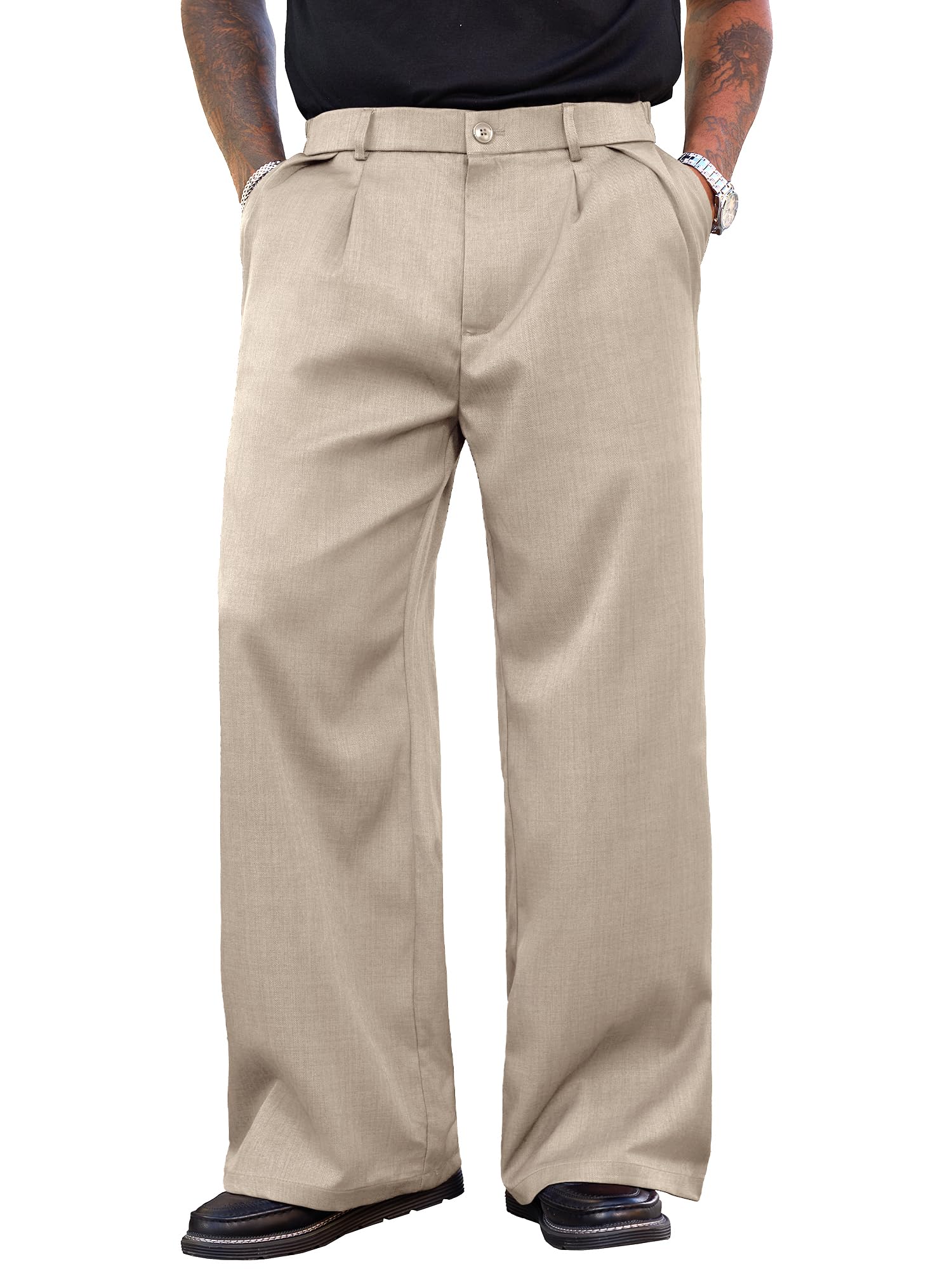 PLEPAN Men's Wide Leg Dress Pants Baggy Pleated Casual Trousers Relaxed Fit Elastic Waist Business Slacks