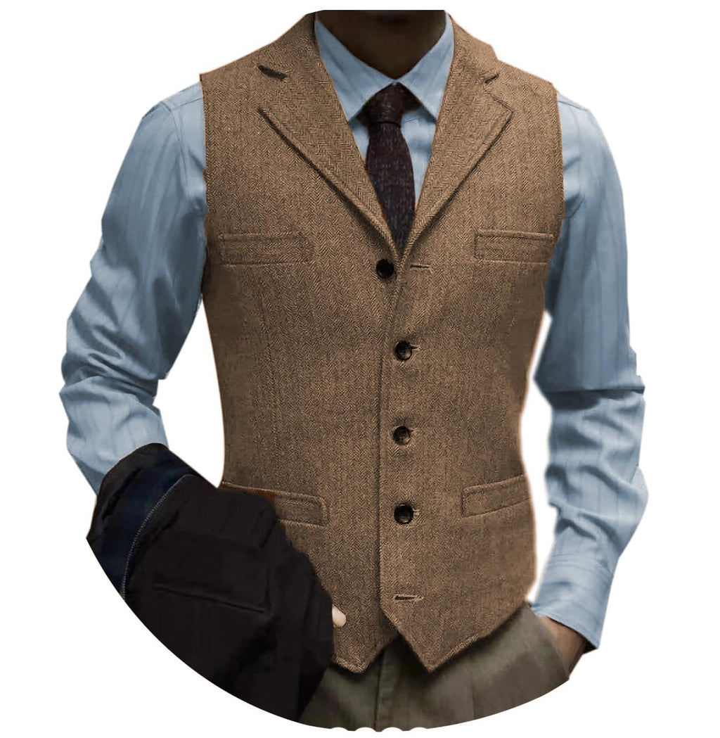 Tuikayoo Men's Tweed Suit Vintage Vest Herringbone Wool Prom Waistcoat Groomsmen
