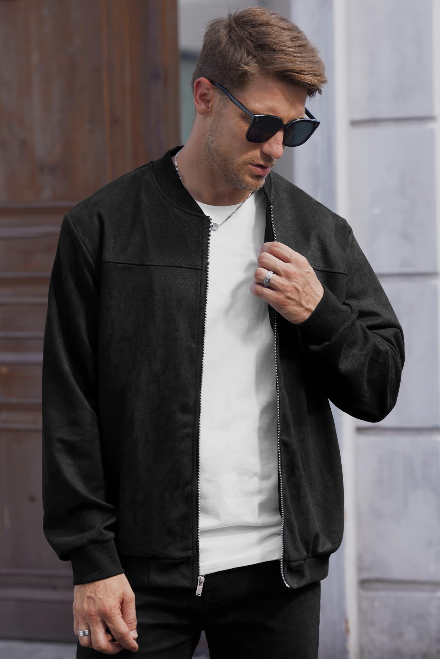 VOGSTART Men’s Bomber Jacket Faux Suede Midweight Casual Full-Zip Flight Coat (S-XXL)