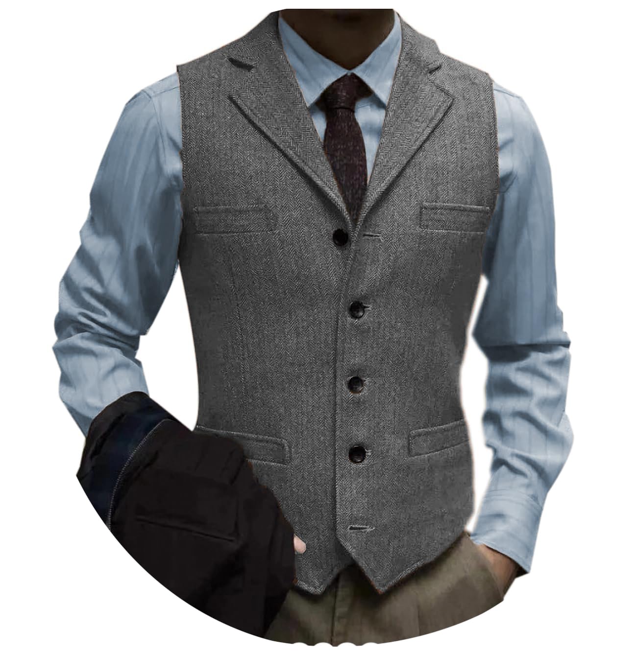 Tuikayoo Men's Tweed Suit Vintage Vest Herringbone Wool Prom Waistcoat Groomsmen