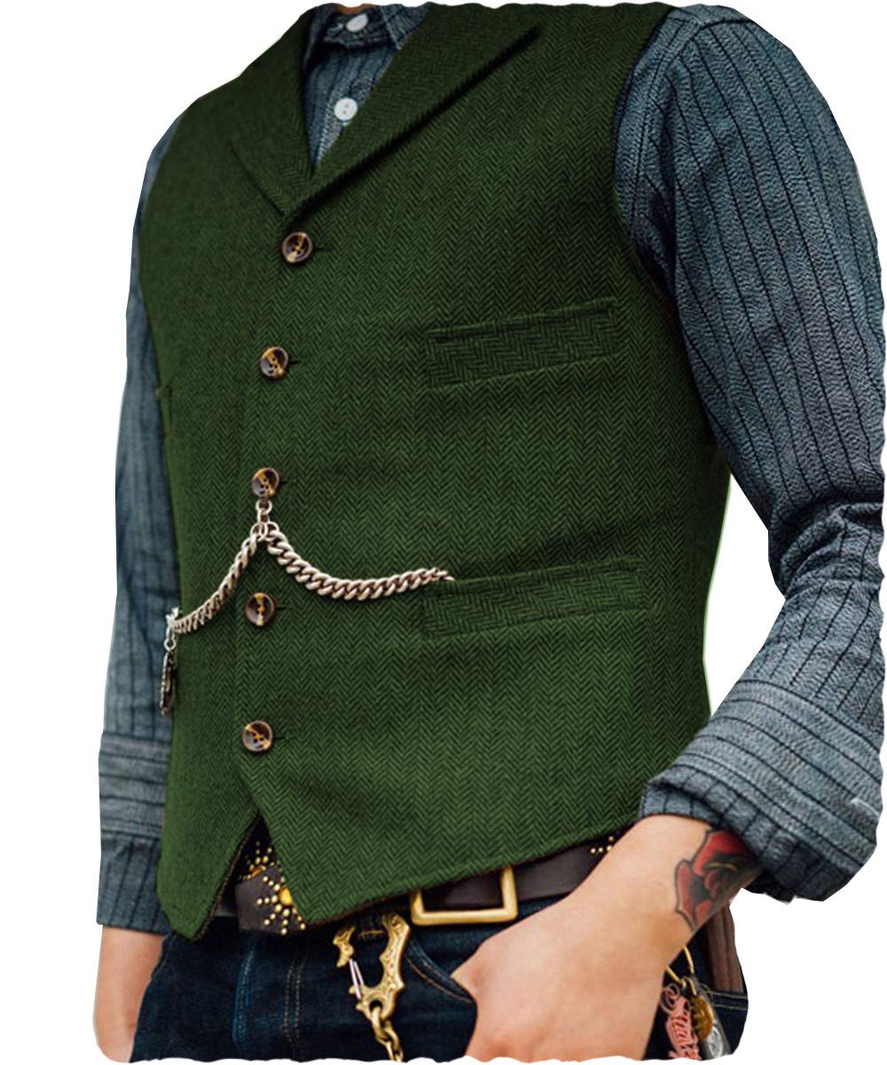Ceehuteey Mens Suit Vest Waistcoat Tweed Retro V Neck Wool Herringbone for Prom