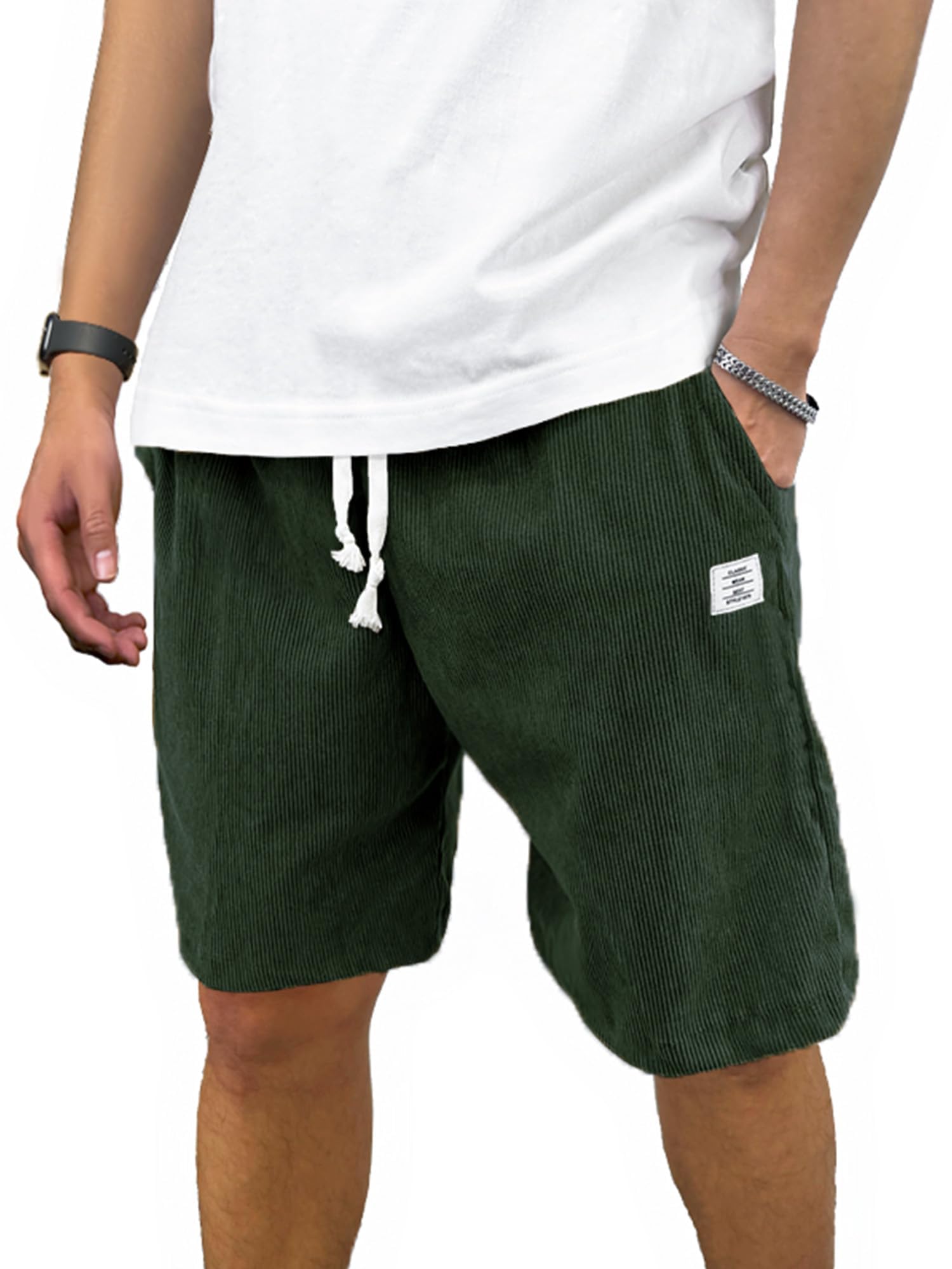 PLEPAN Mens Corduroy Shorts Casual Elastic Waist Drawstring Summer Beach Shorts
