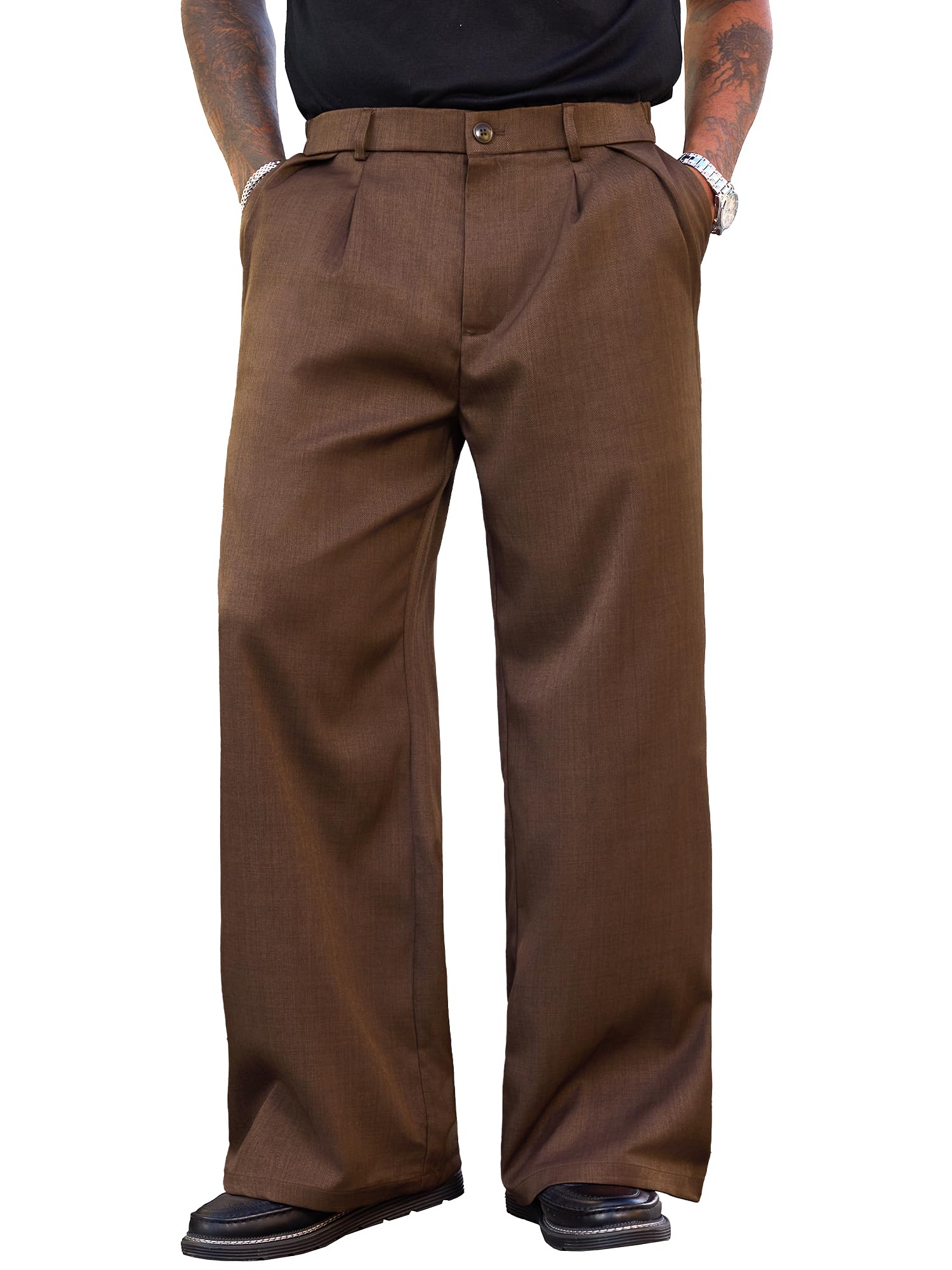 PLEPAN Men's Wide Leg Dress Pants Baggy Pleated Casual Trousers Relaxed Fit Elastic Waist Business Slacks