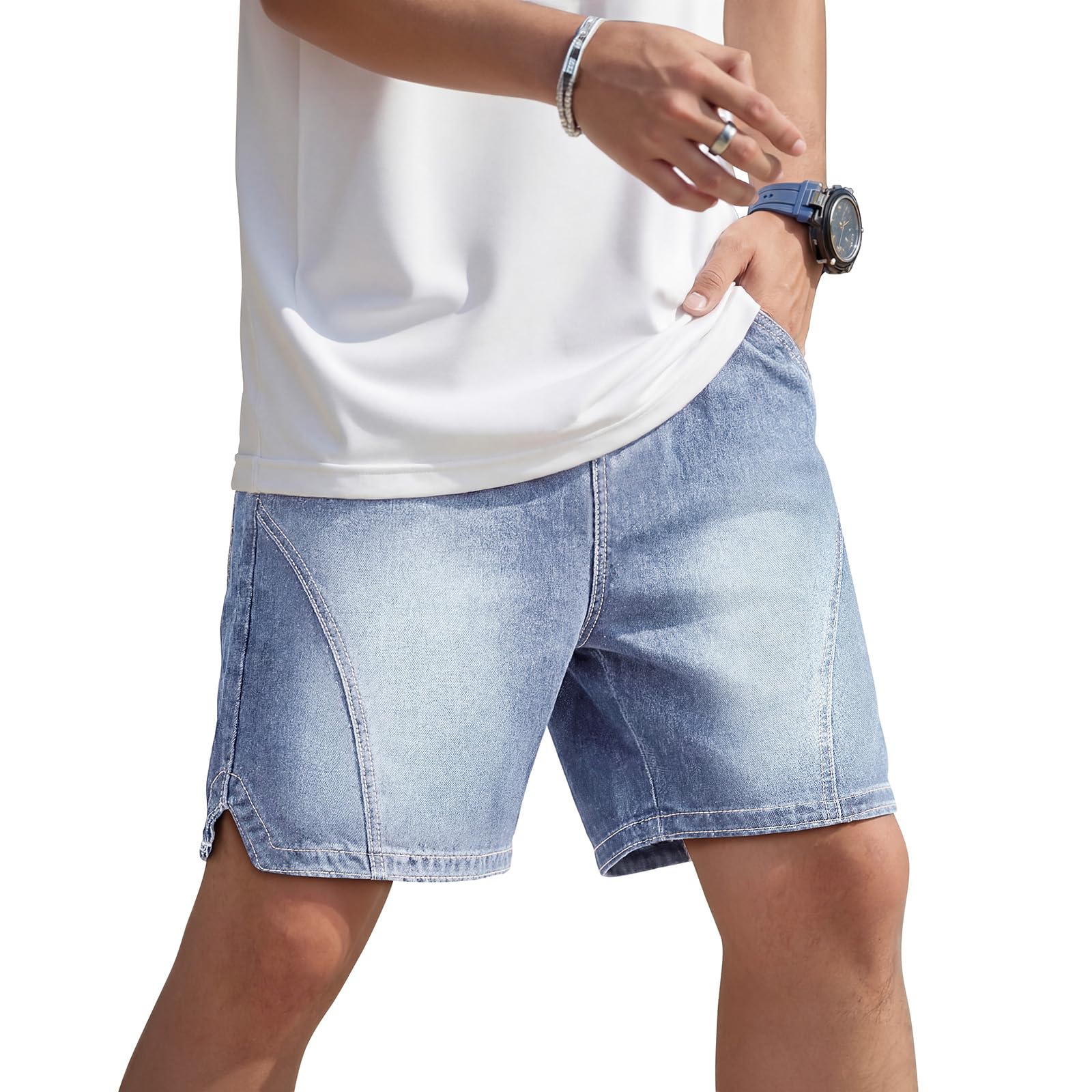 Heyfanee Mens Baggy Jean Shorts Loose Fit Elastic Waist Denim Shorts 7 Inch Inseam