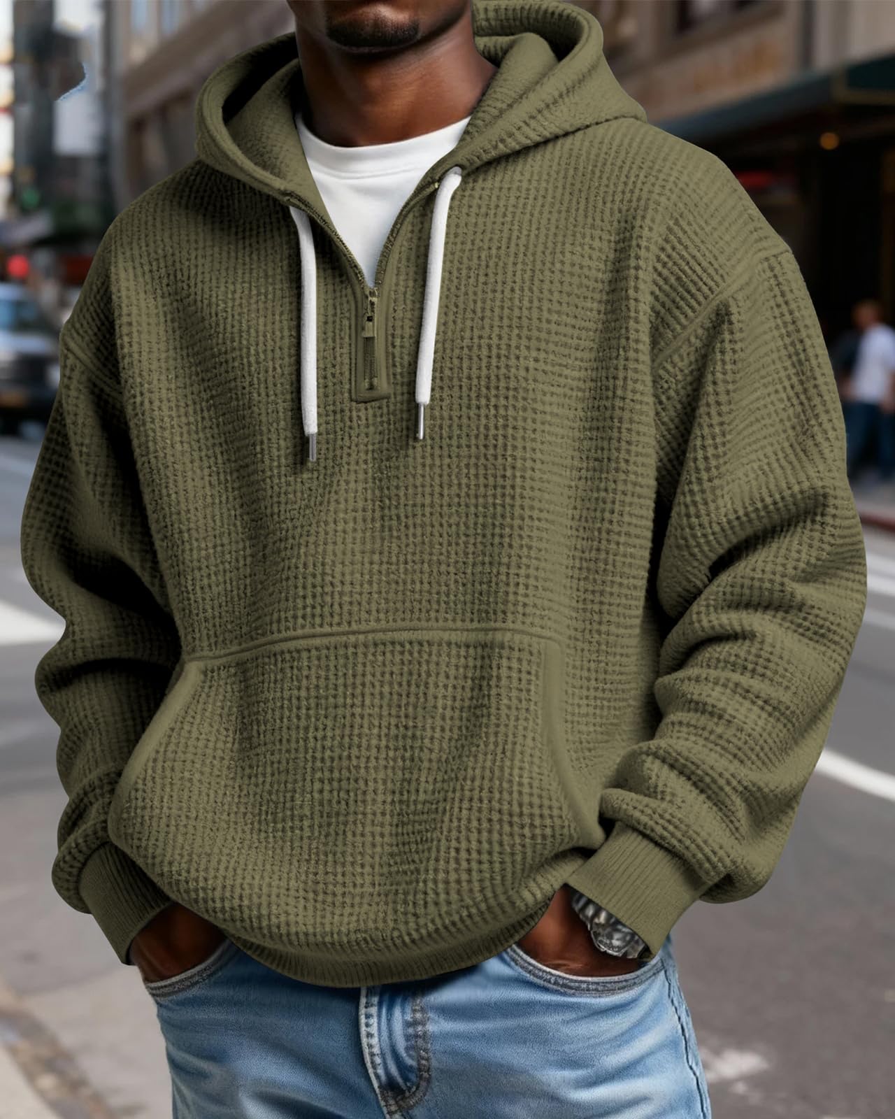 PIDOGYM Men's Quarter Zip Hoodie Waffle Knit Pullover Long Sleeve Casual Loose Fit Sweatshirt Hooded Tops with Pockets