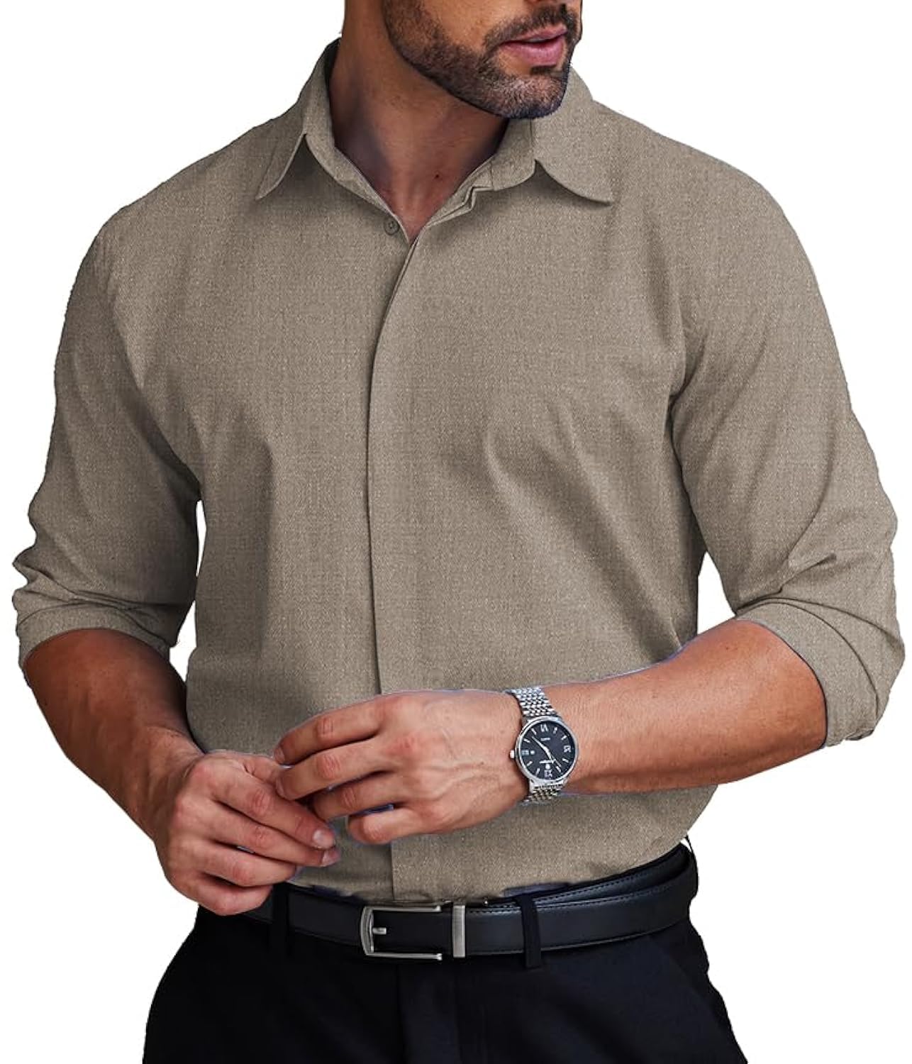 COOFANDY Men's Formal Dress Shirt Hidden Button Front Wrinkle Free Shirt Regular Fit Stretch Business Casual Shirts