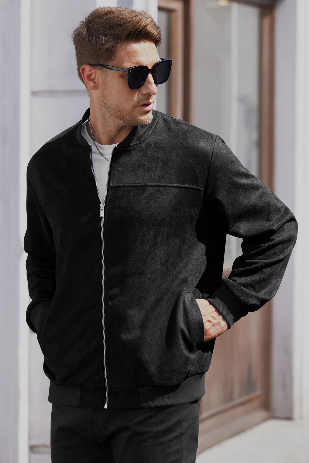 VOGSTART Men’s Bomber Jacket Faux Suede Midweight Casual Full-Zip Flight Coat (S-XXL)