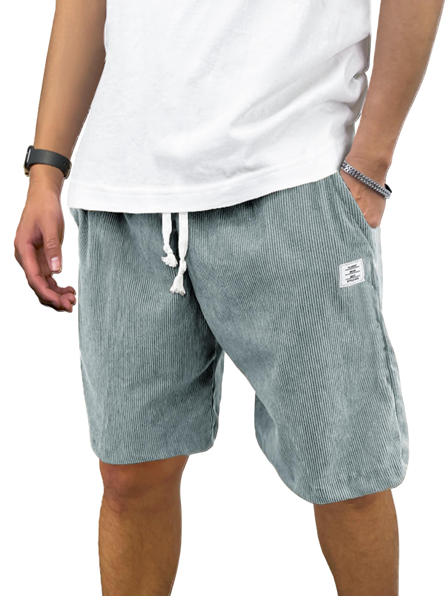 PLEPAN Mens Corduroy Shorts Casual Elastic Waist Drawstring Summer Beach Shorts