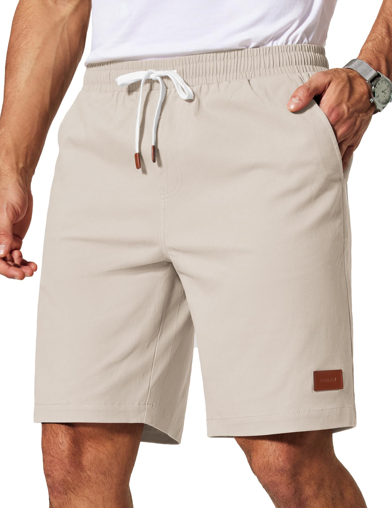 COOFANDY Mens Cotton Chino Shorts 9 Inch Casual Shorts Elastic Waist Drawstring Summer Beach Shorts with Pockets