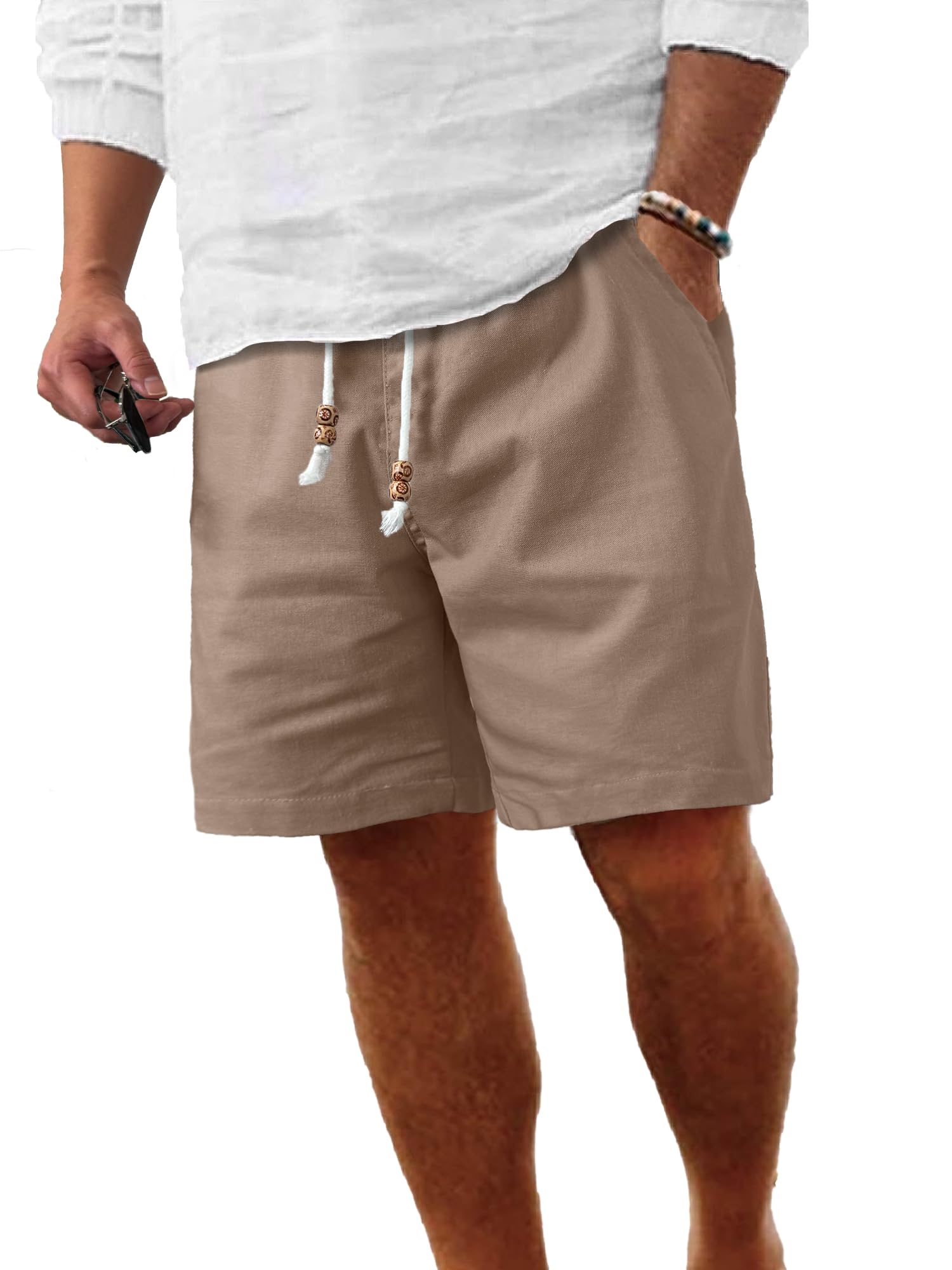 Comdecevis Men's Linen Shorts Casual Elastic Waist Drawstring Summer Beach Vacation Yoga Golf Shorts with Pockets