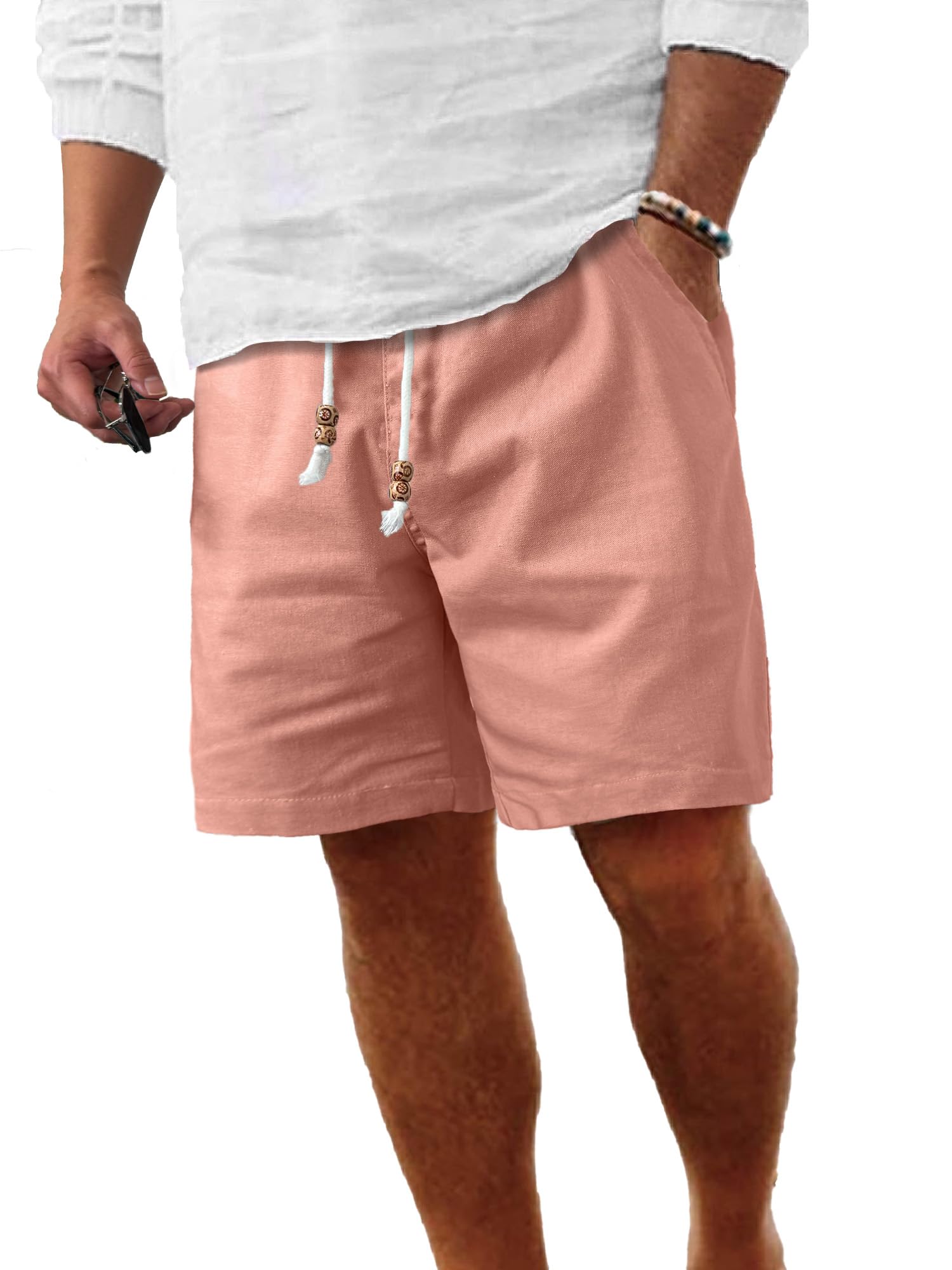 Comdecevis Men's Linen Shorts Casual Elastic Waist Drawstring Summer Beach Vacation Yoga Golf Shorts with Pockets