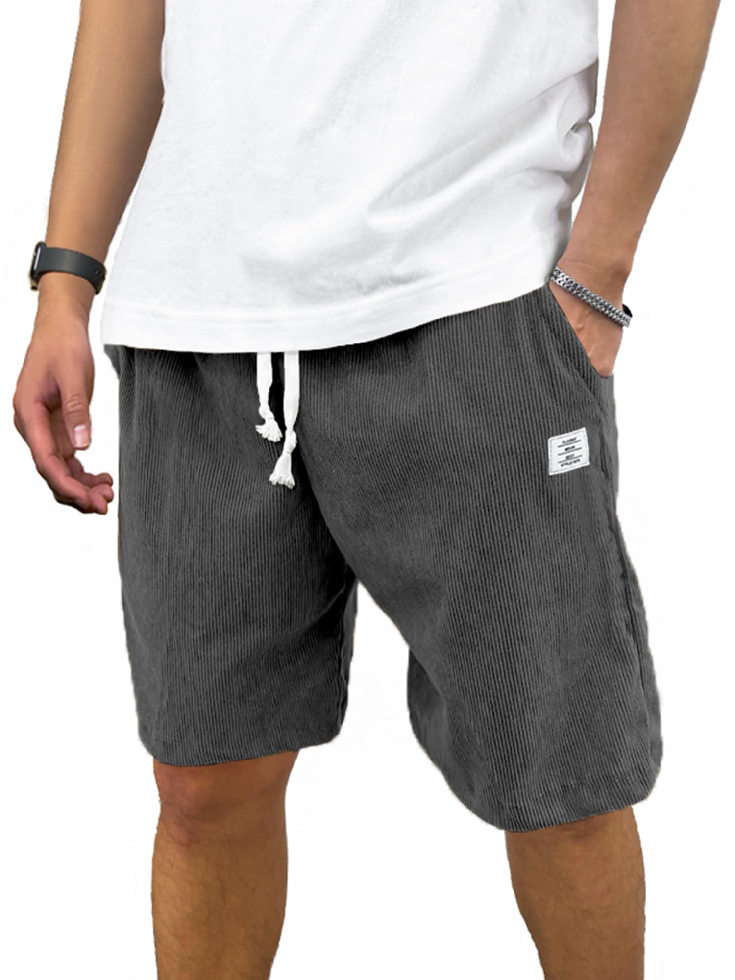 PLEPAN Mens Corduroy Shorts Casual Elastic Waist Drawstring Summer Beach Shorts