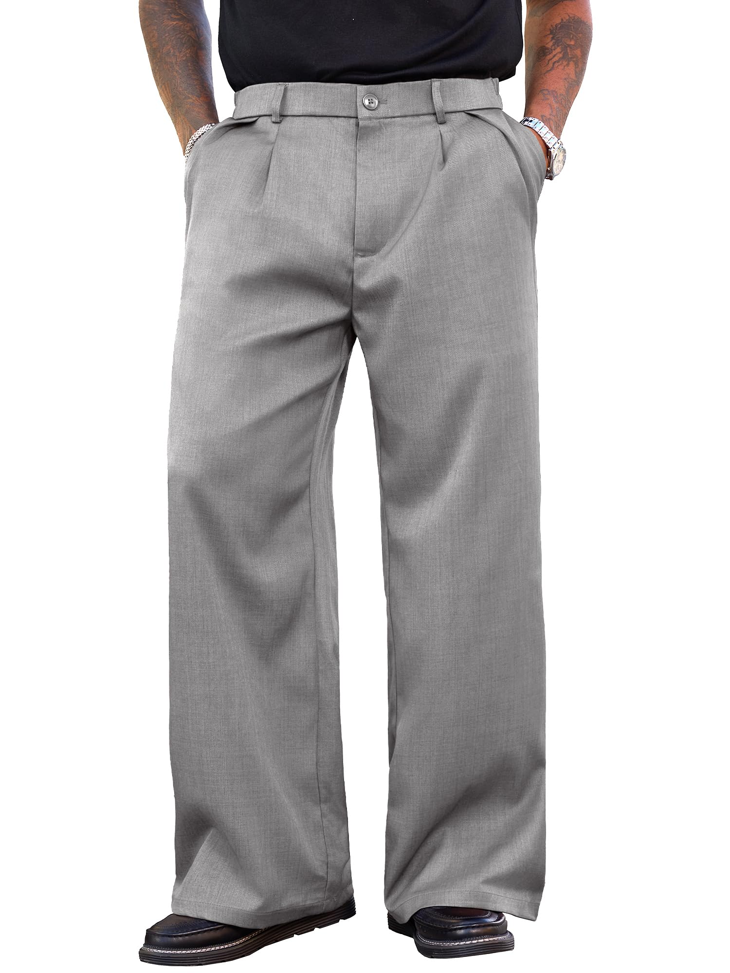 PLEPAN Men's Wide Leg Dress Pants Baggy Pleated Casual Trousers Relaxed Fit Elastic Waist Business Slacks