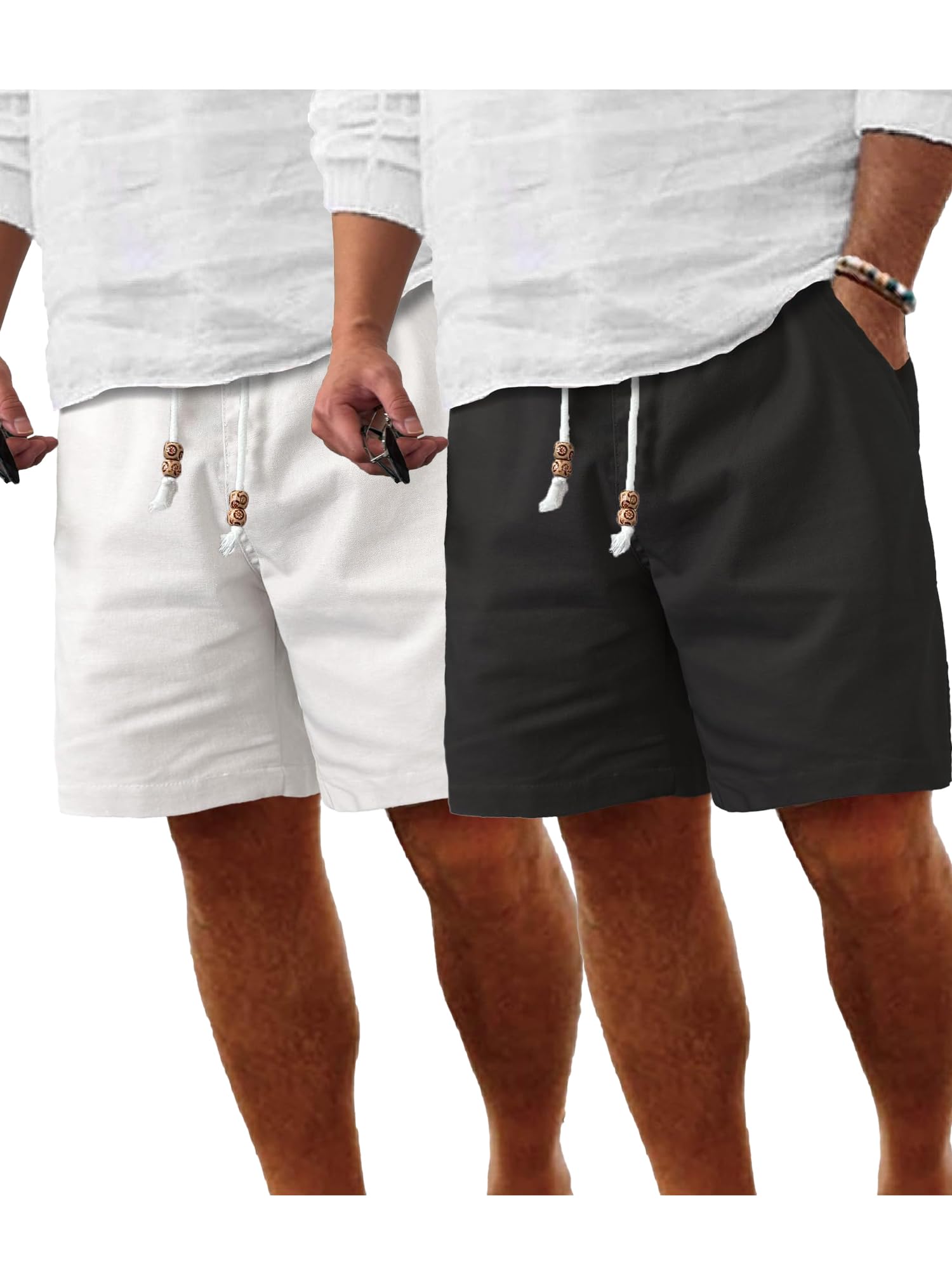 Comdecevis Men's Linen Shorts Casual Elastic Waist Drawstring Summer Beach Vacation Yoga Golf Shorts with Pockets