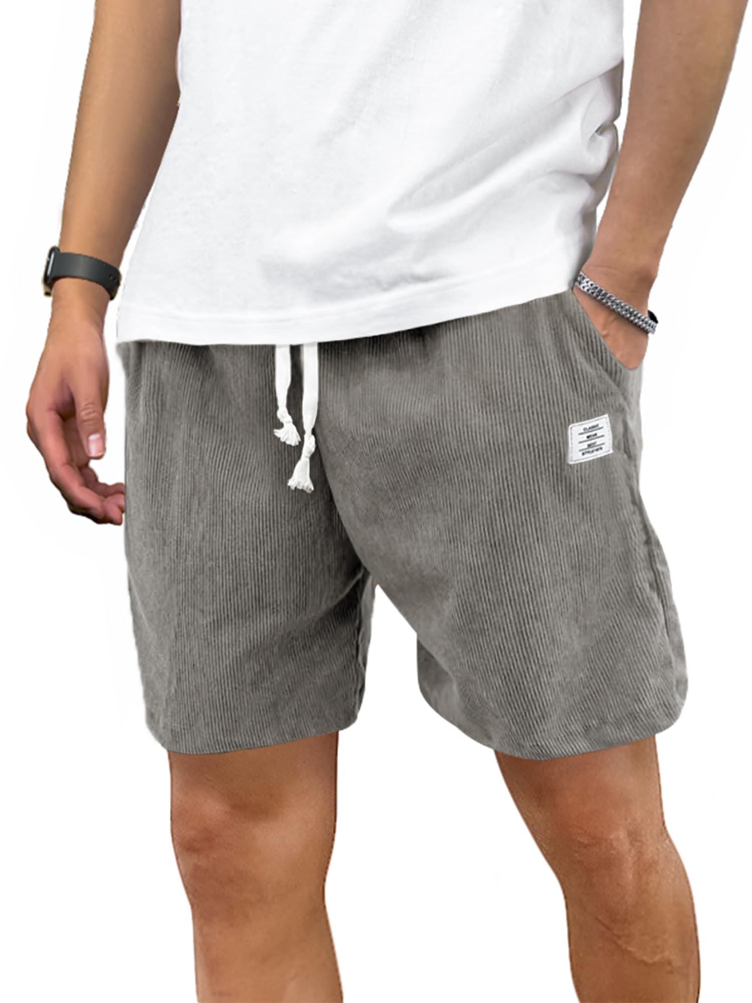 PLEPAN Mens Corduroy Shorts Casual Elastic Waist Drawstring Summer Beach Shorts