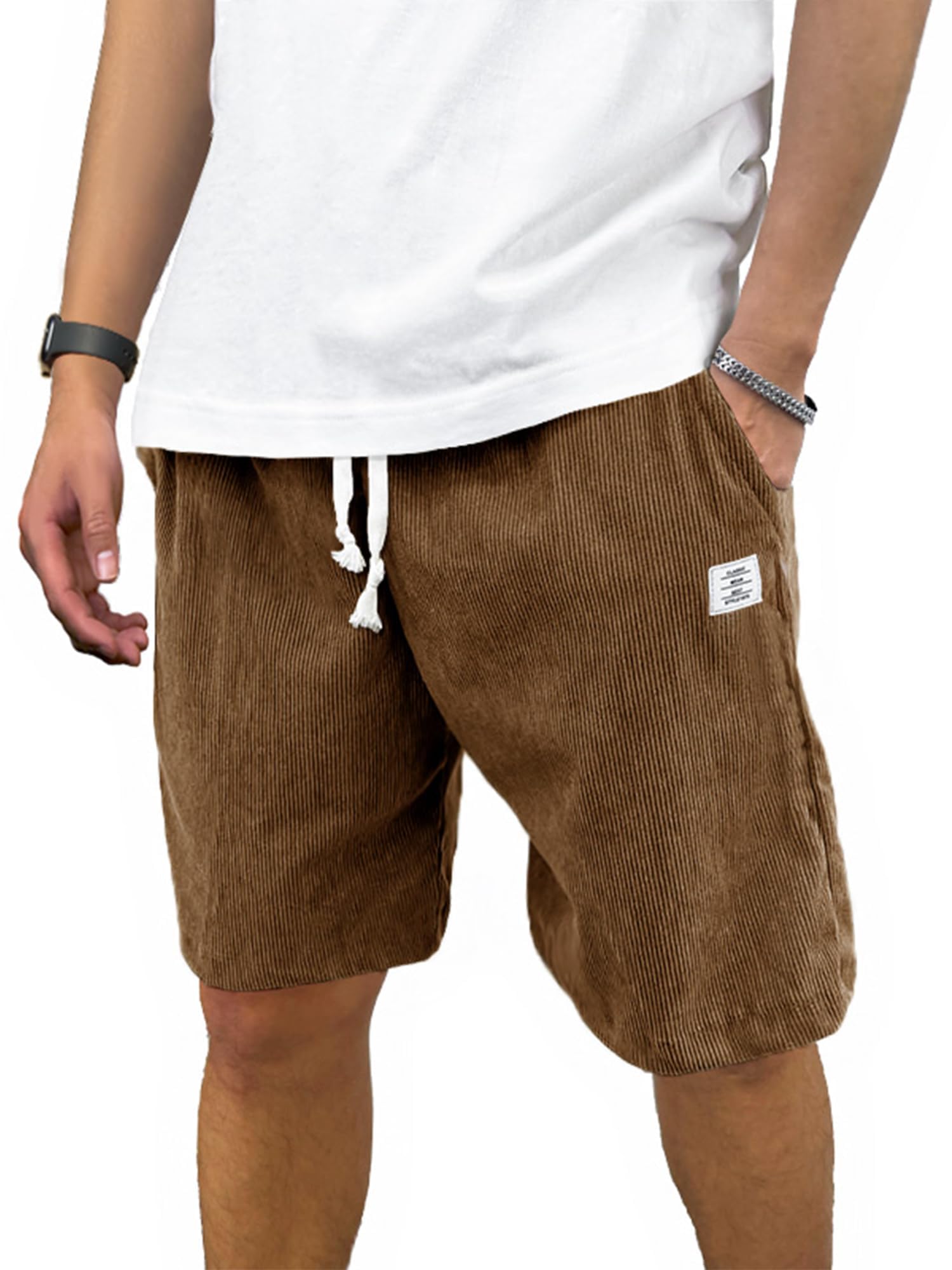 PLEPAN Mens Corduroy Shorts Casual Elastic Waist Drawstring Summer Beach Shorts