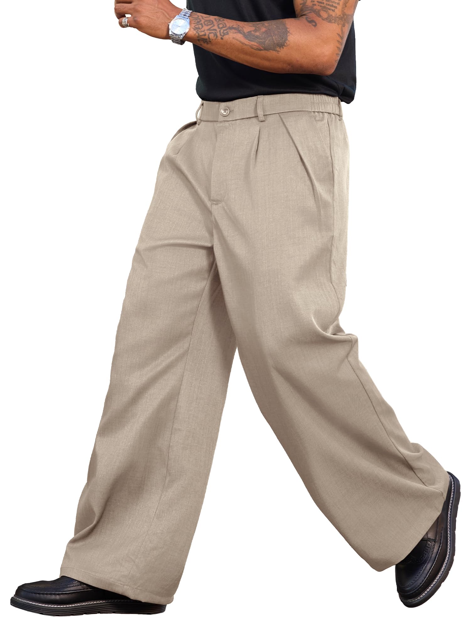 PLEPAN Men's Wide Leg Dress Pants Baggy Pleated Casual Trousers Relaxed Fit Elastic Waist Business Slacks