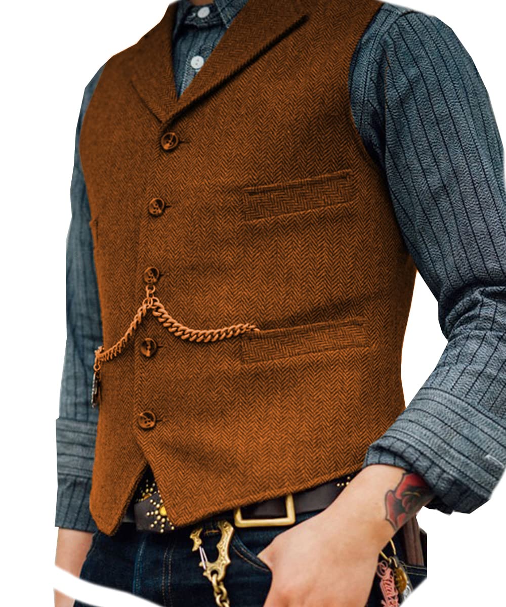 Ceehuteey Mens Suit Vest Waistcoat Tweed Retro V Neck Wool Herringbone for Prom