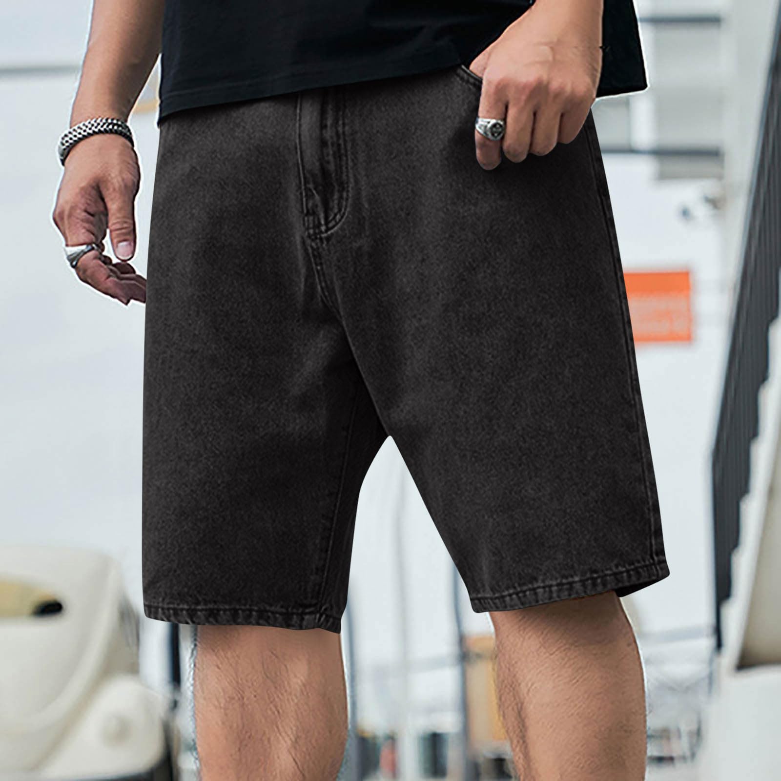 Men's Vintage Washed Jean Shorts Straight Leg Summer High Waisted Loose Fit Casual Denim Shorts with Pockets