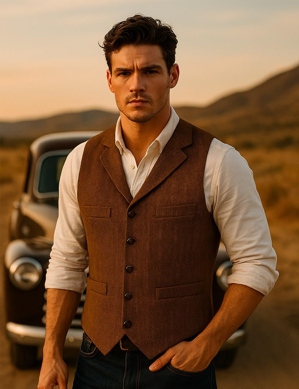 Ceehuteey Mens Suit Vest Waistcoat Tweed Retro V Neck Wool Herringbone for Prom