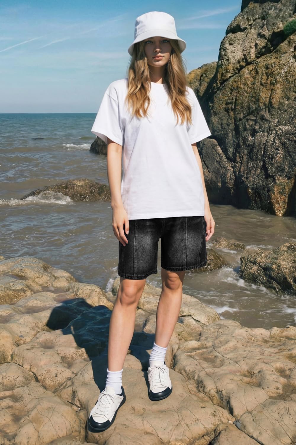 Heyfanee Mens Baggy Jean Shorts Loose Fit Elastic Waist Denim Shorts 7 Inch Inseam