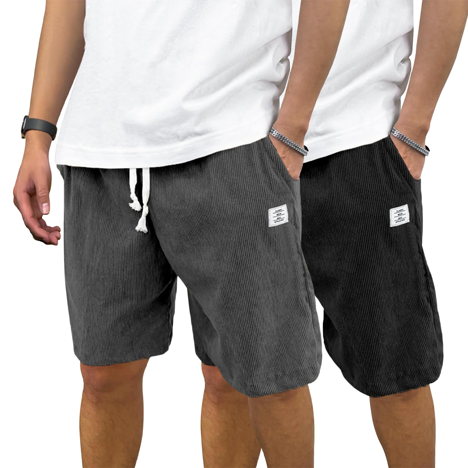 PLEPAN Mens Corduroy Shorts Casual Elastic Waist Drawstring Summer Beach Shorts