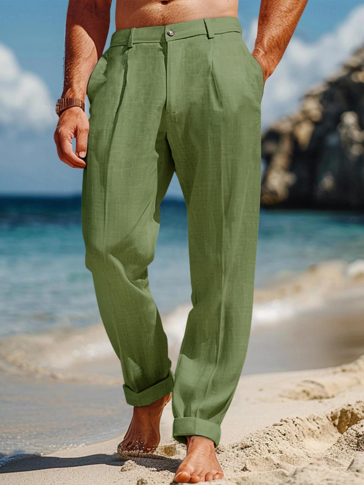 Runcati Mens Casual Pants Elastic Waist Lightweight Loose Fit Pleated Slacks Summer Beach Yoga Trousers