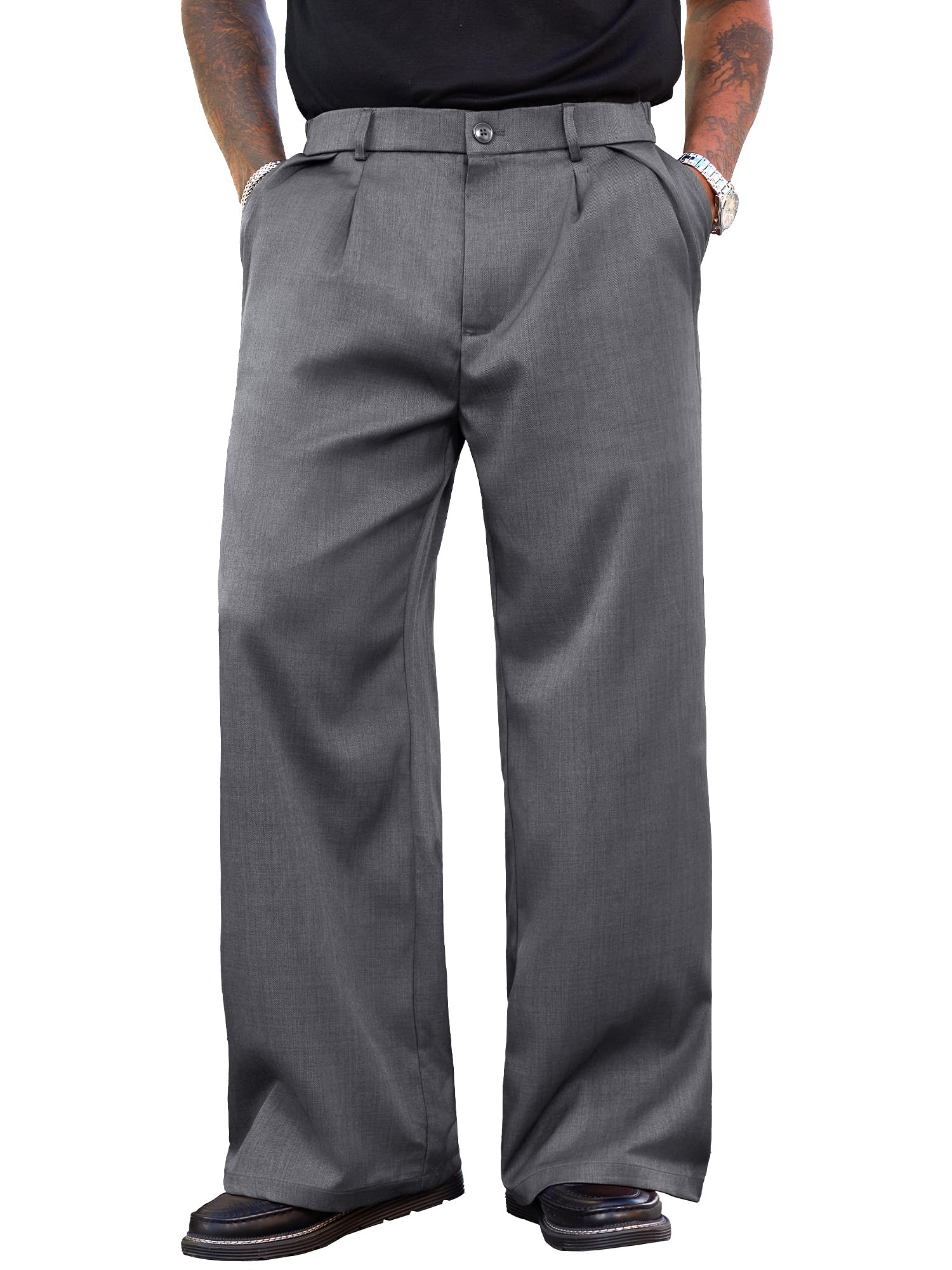 PLEPAN Men's Wide Leg Dress Pants Baggy Pleated Casual Trousers Relaxed Fit Elastic Waist Business Slacks