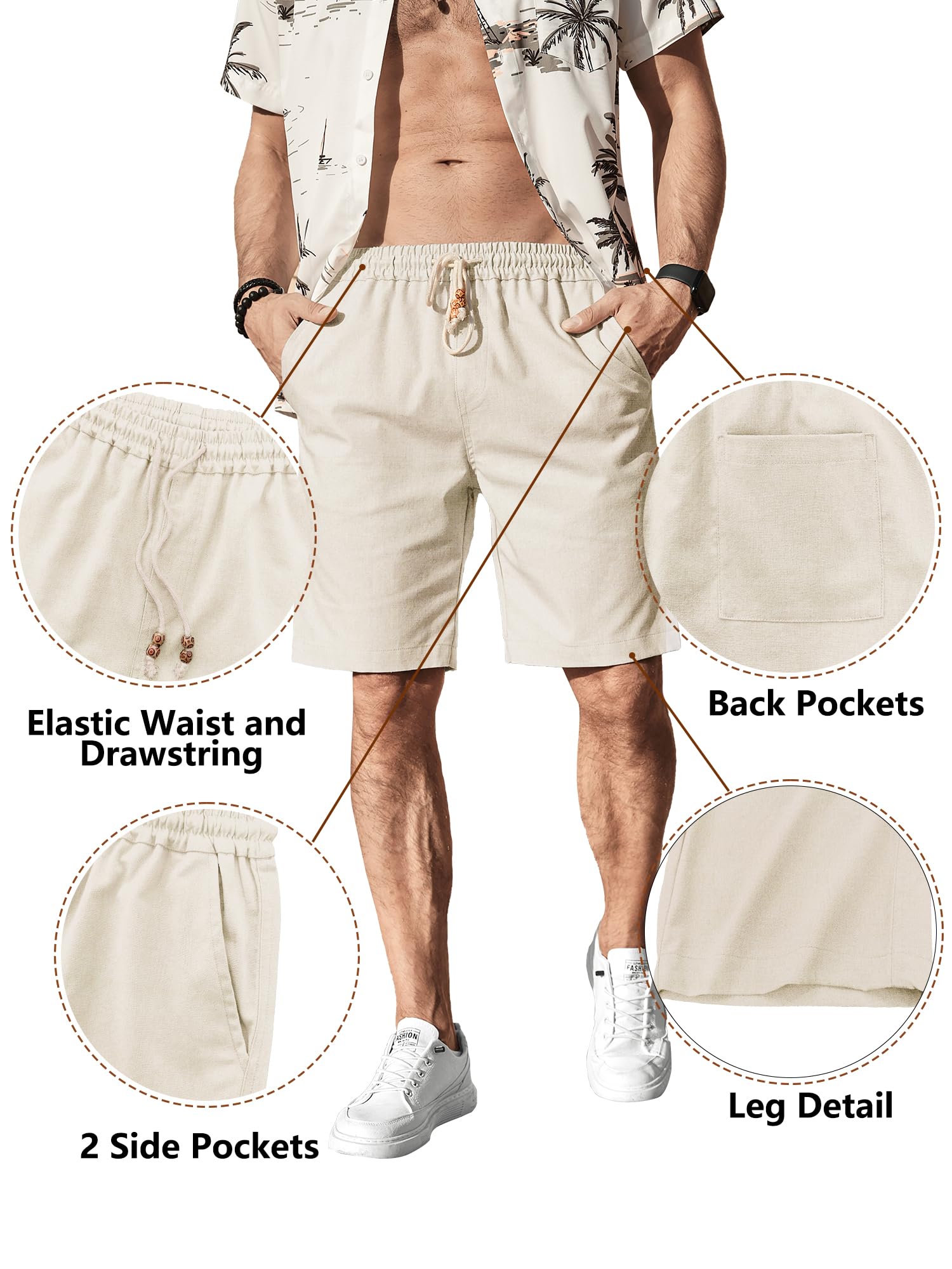 Comdecevis Men's Linen Shorts Casual Elastic Waist Drawstring Summer Beach Vacation Yoga Golf Shorts with Pockets