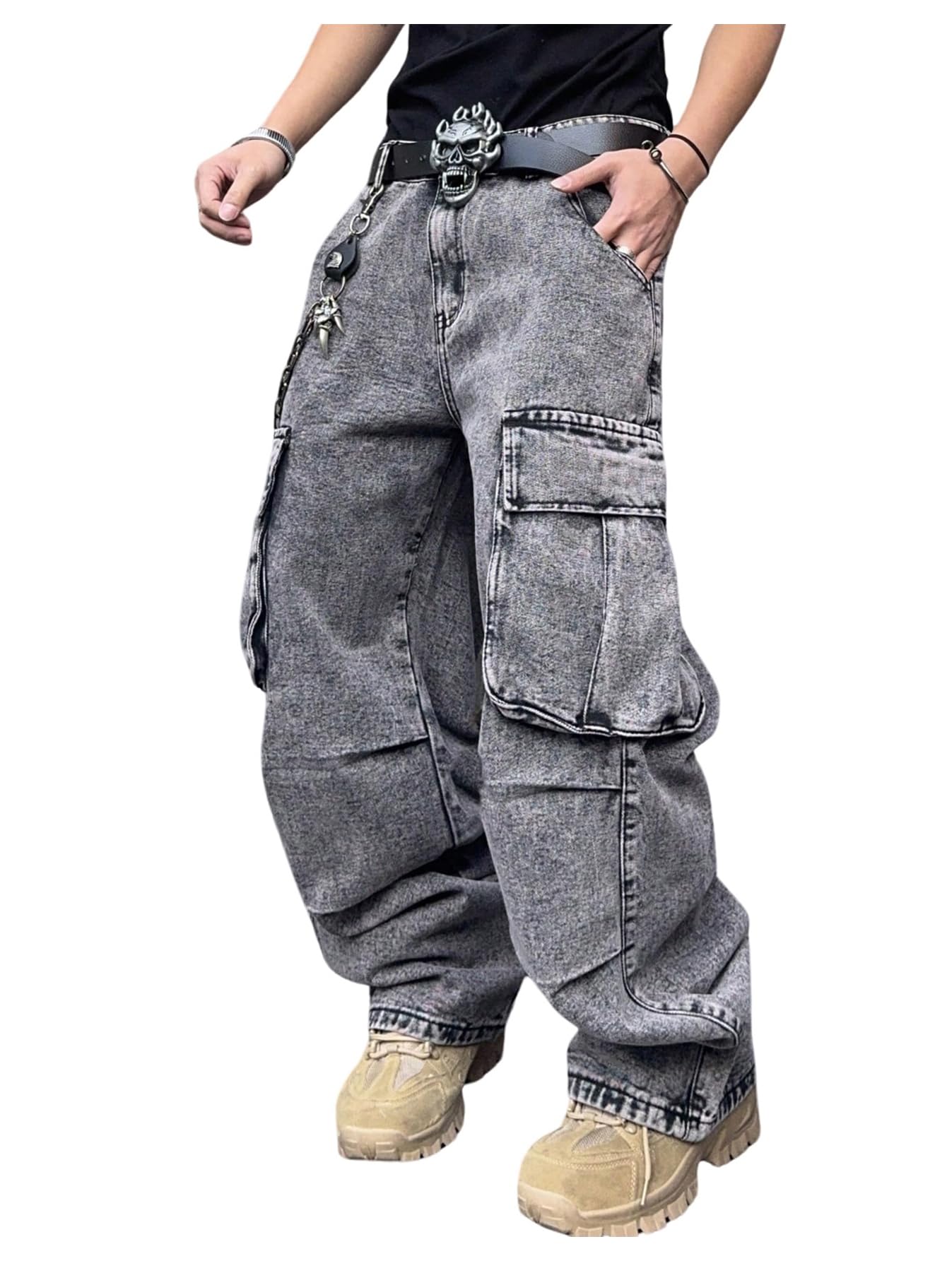 WDIRARA Men's Cargo Jeans Wide Leg Baggy Denim Pants Hip Hop Streetwear