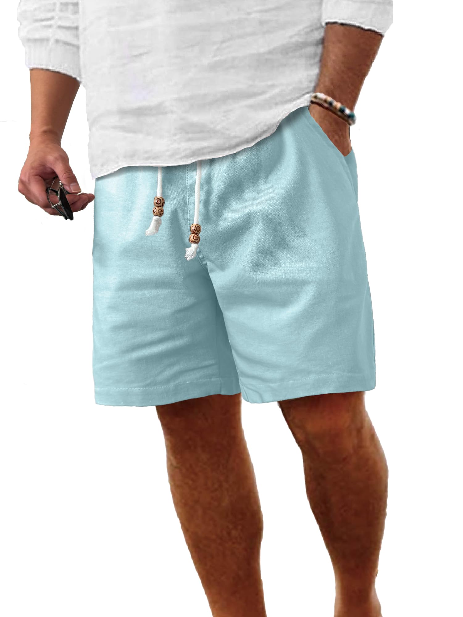 Comdecevis Men's Linen Shorts Casual Elastic Waist Drawstring Summer Beach Vacation Yoga Golf Shorts with Pockets