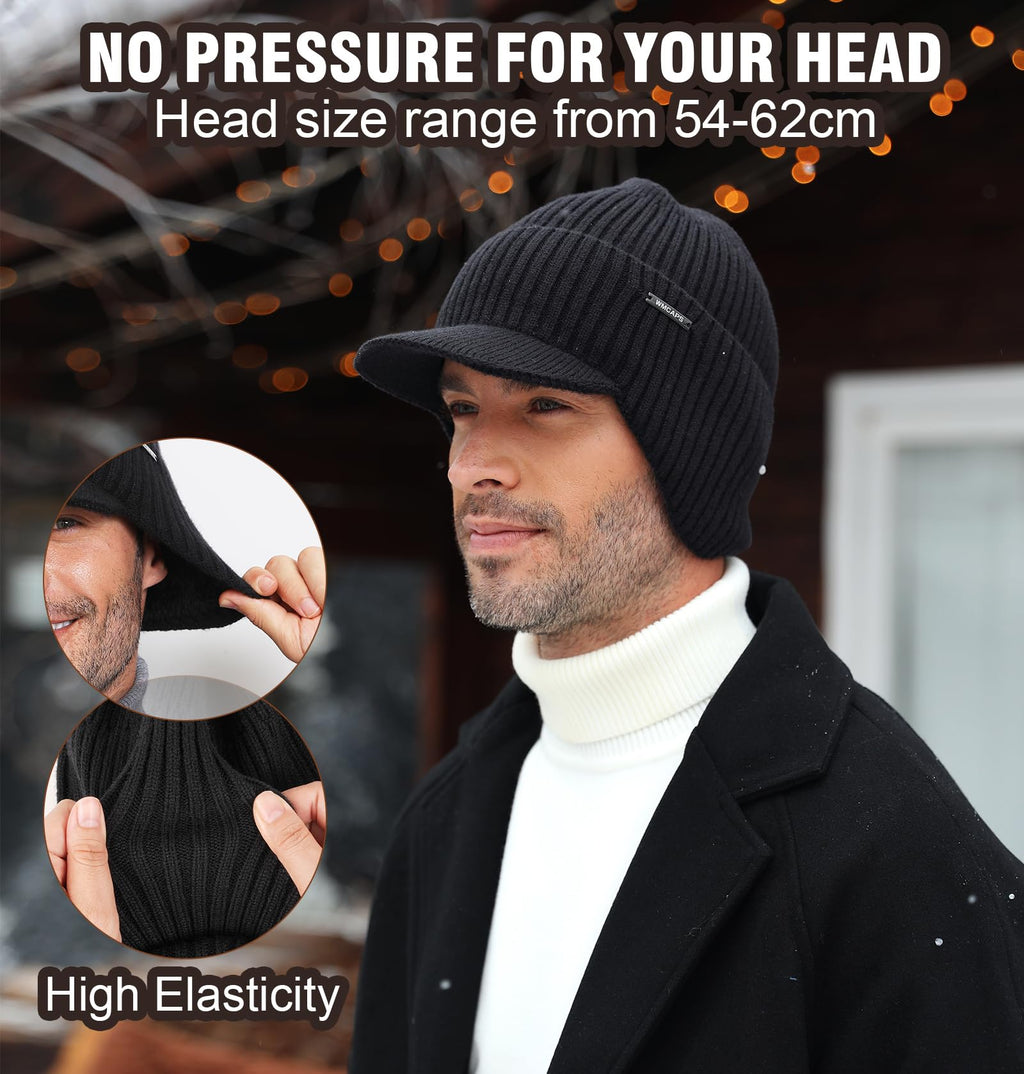 Wmcaps Winter Beanie with Brim and Ear Flaps, Outdoor Warm Fleece Lined Knit Hat Stocking Caps for Men Women
