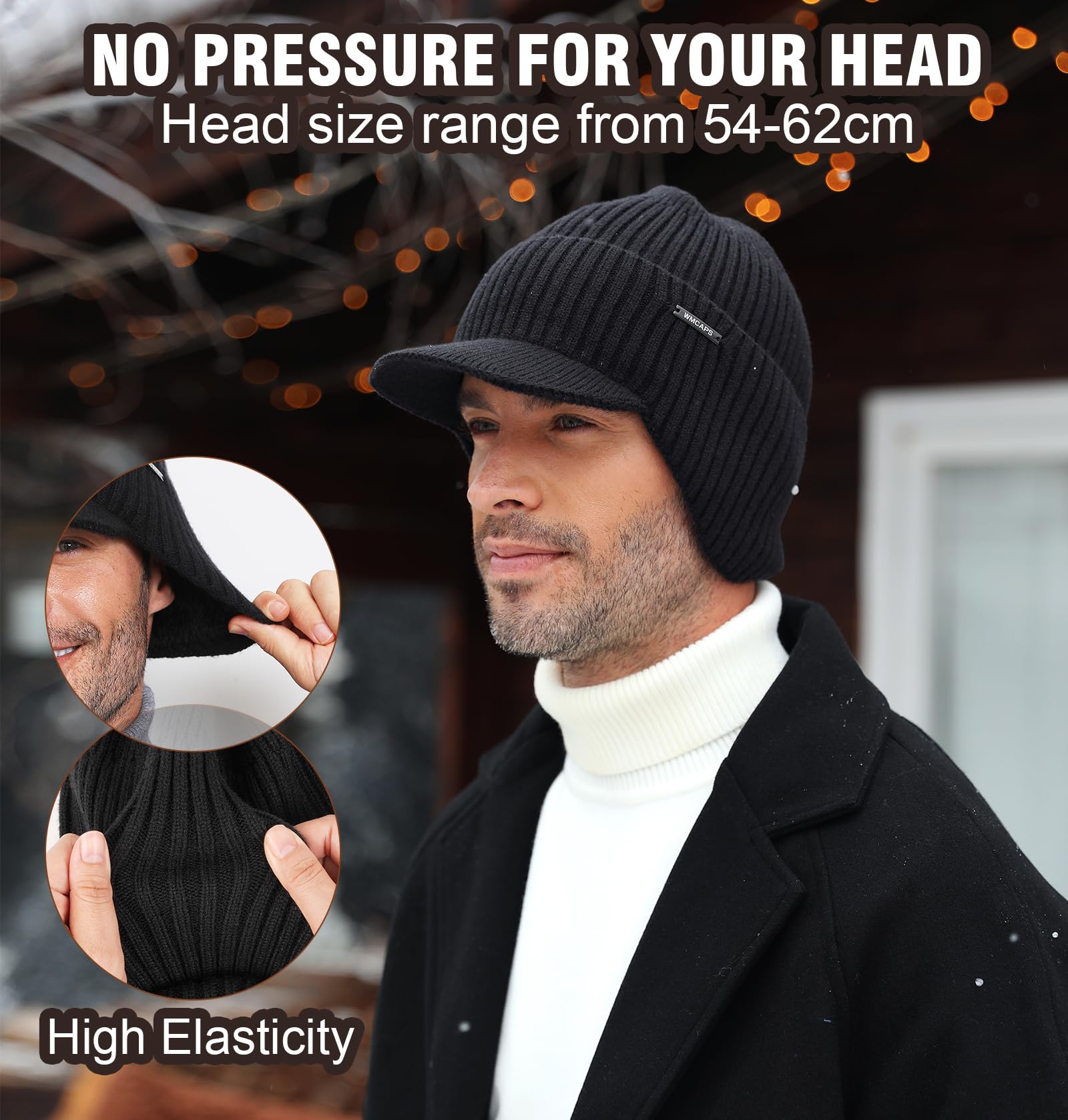 Wmcaps Winter Beanie with Brim and Ear Flaps, Outdoor Warm Fleece Lined Knit Hat Stocking Caps for Men Women