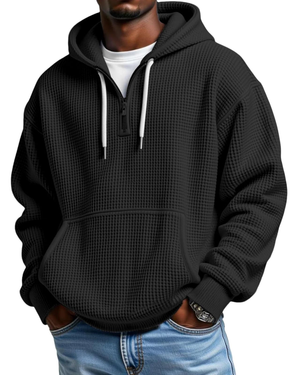 PIDOGYM Men's Quarter Zip Hoodie Waffle Knit Pullover Long Sleeve Casual Loose Fit Sweatshirt Hooded Tops with Pockets
