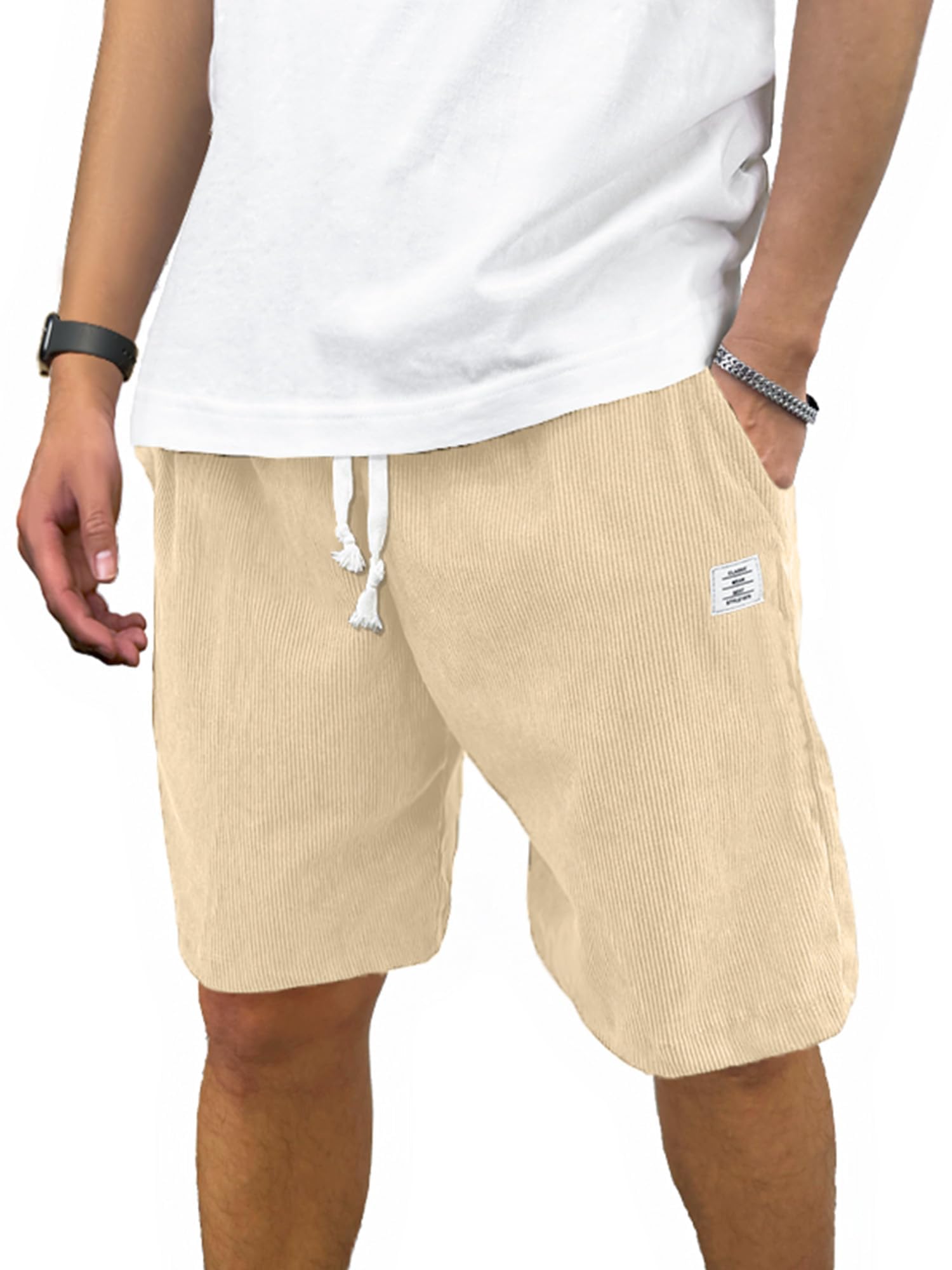 PLEPAN Mens Corduroy Shorts Casual Elastic Waist Drawstring Summer Beach Shorts