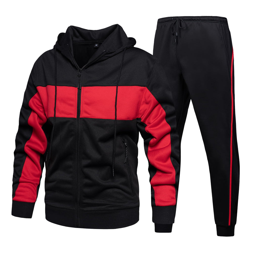 CALUOMATT Men's Hooded Athletic Tracksuit Sweatsuit Long Sleeve Full-Zip Jogging Sweatpants 2 Piece Patchwork Sportsuits
