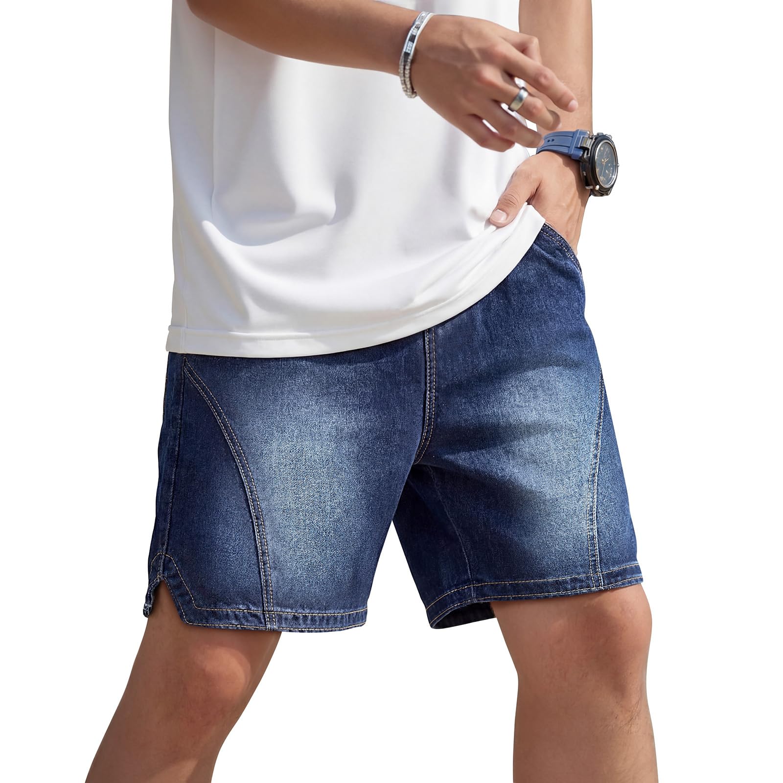 Heyfanee Mens Baggy Jean Shorts Loose Fit Elastic Waist Denim Shorts 7 Inch Inseam