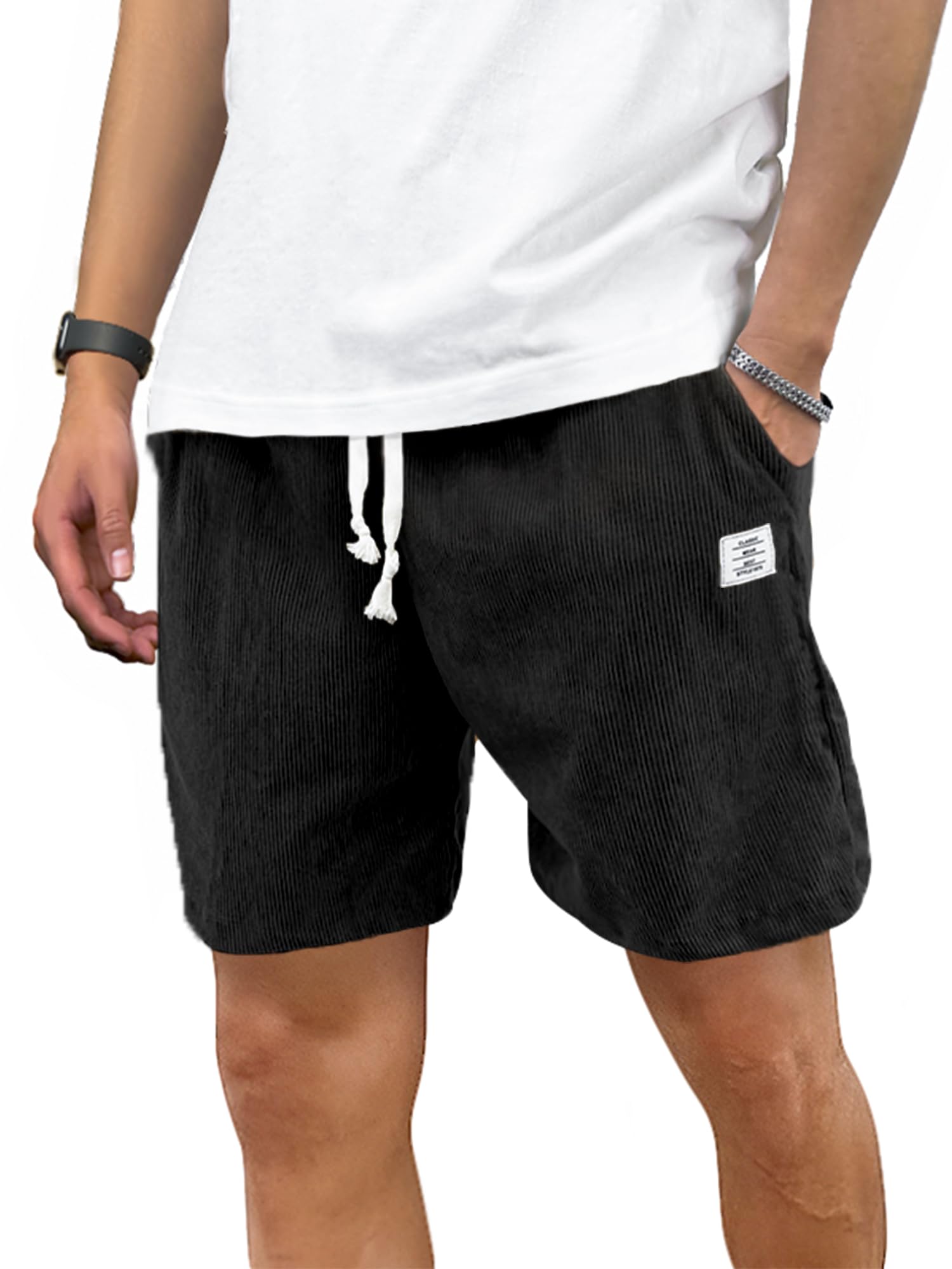 PLEPAN Mens Corduroy Shorts Casual Elastic Waist Drawstring Summer Beach Shorts