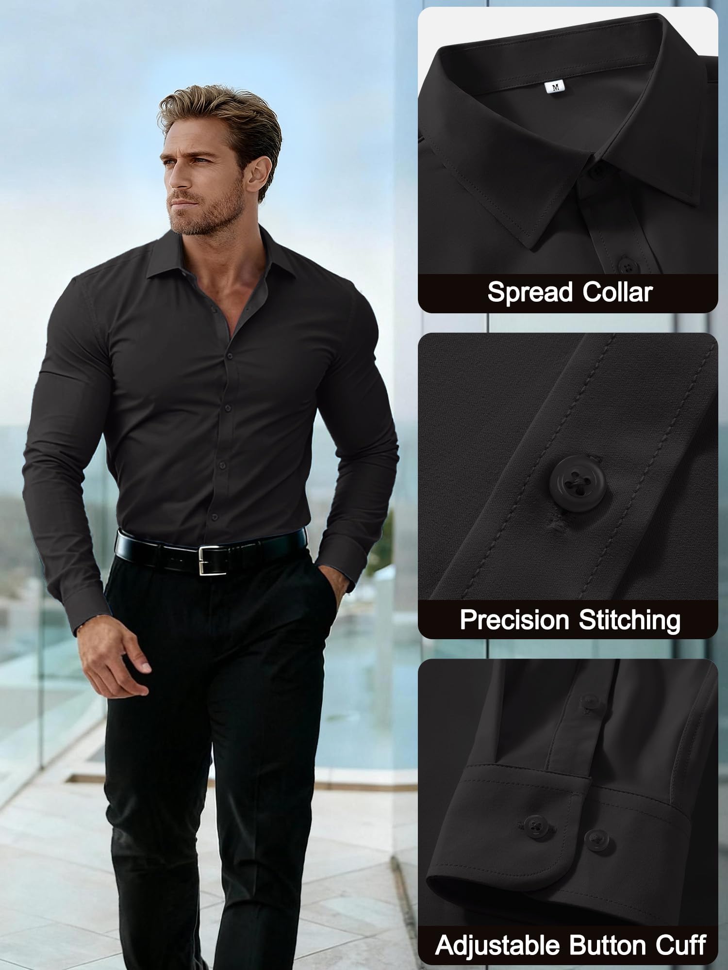 PLEPAN Men's Slim Fit Stretch Dress Shirt Stain Proof Wrinkle-Free Muscle Fit Long Sleeve Button Down Formal Shirt